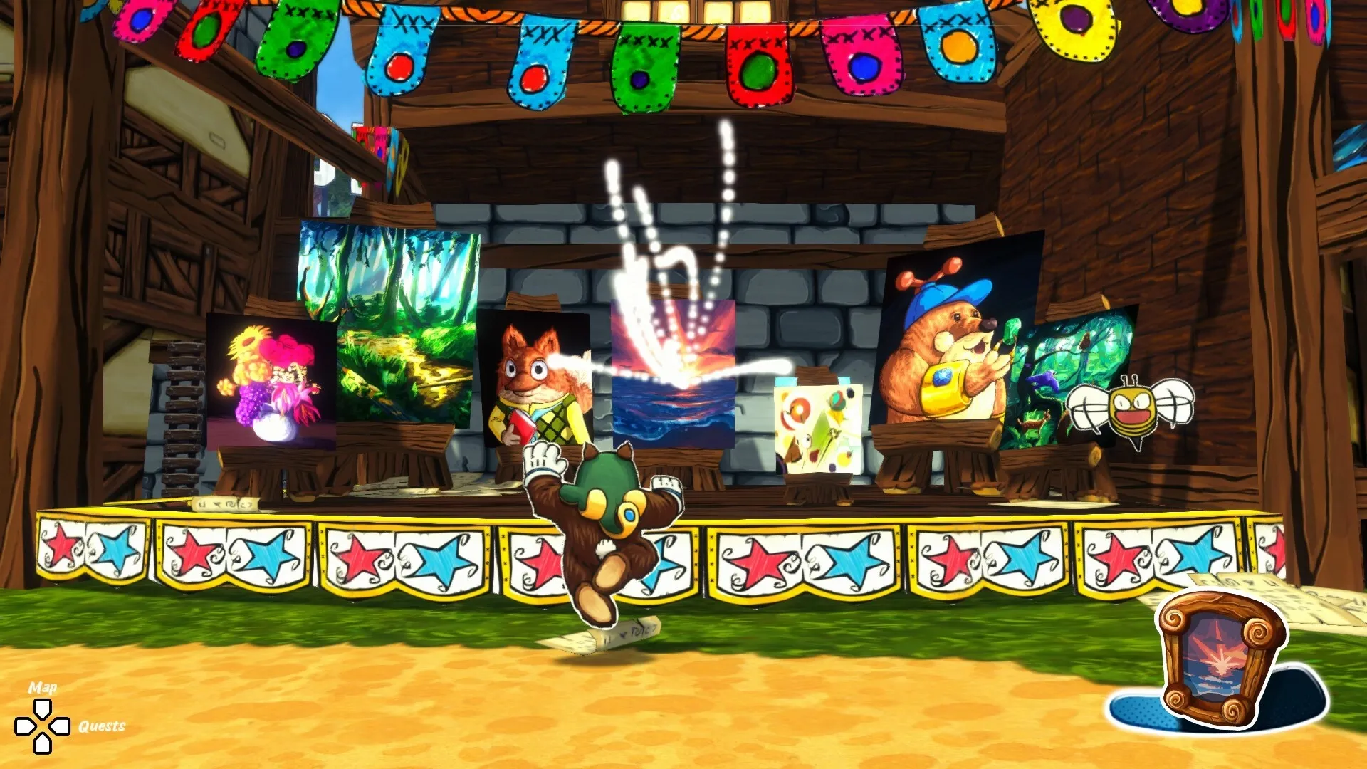 Ruffy and the Riverside: Ruffy dancing in front of colorful paintings in a festive wooden market stall