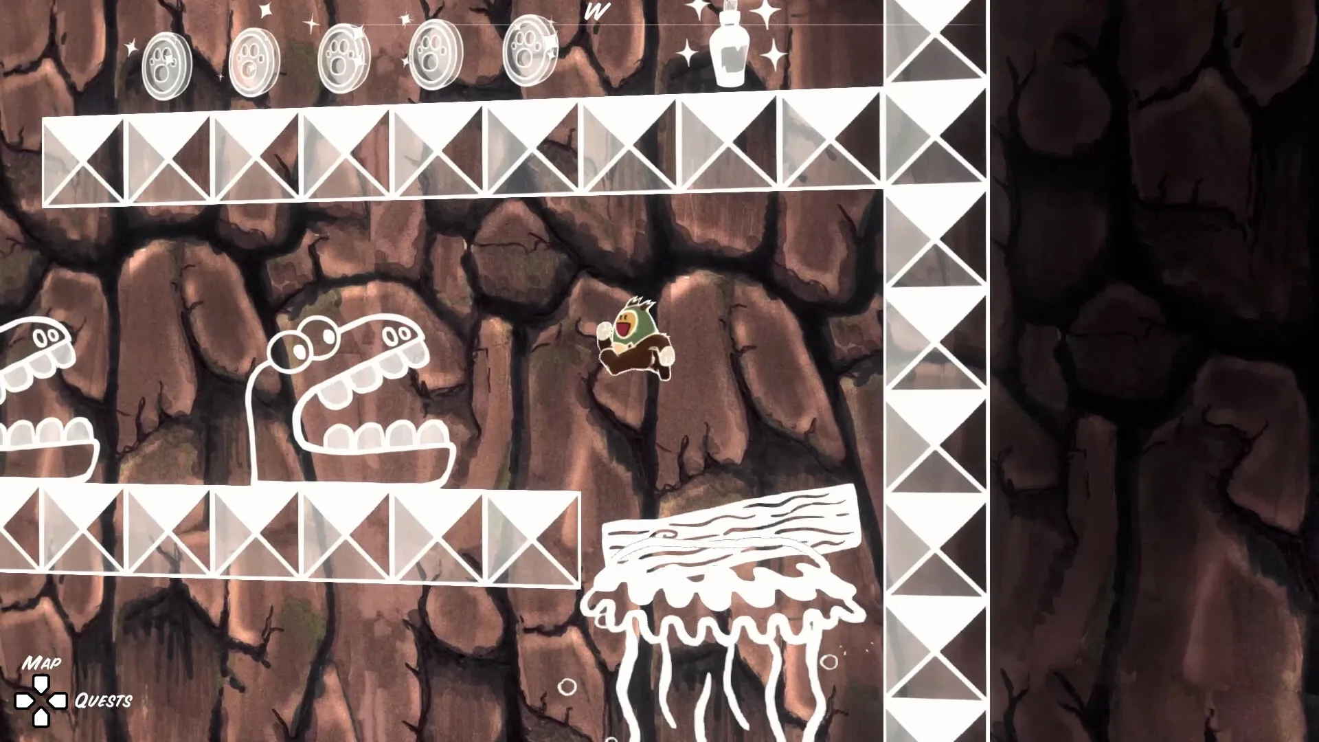 Ruffy and the Riverside: Ruffy jumps over a cave platform with UI showing collectibles and map quest options.