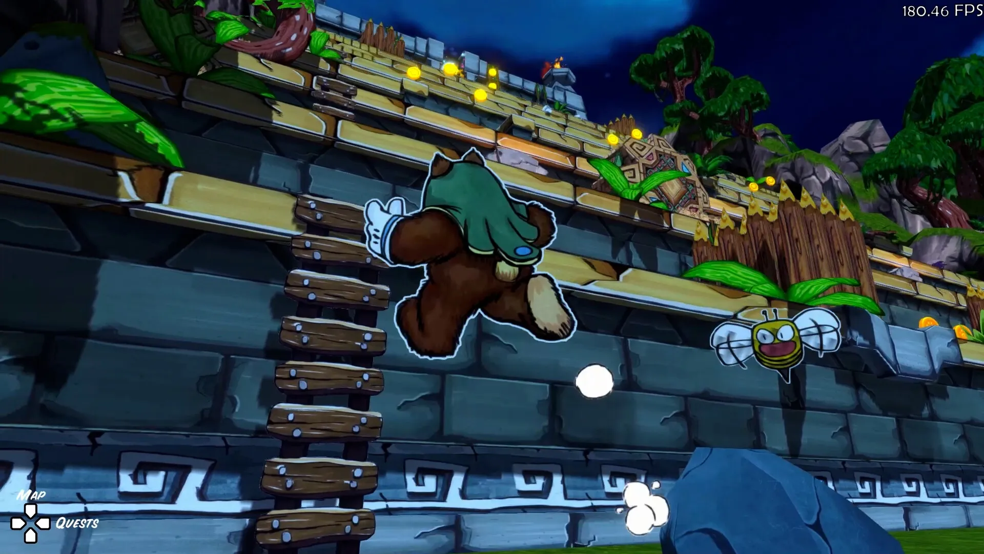 Ruffy and the Riverside: Ruffy climbing a wooden ladder towards a castle wall, coins and trees in view