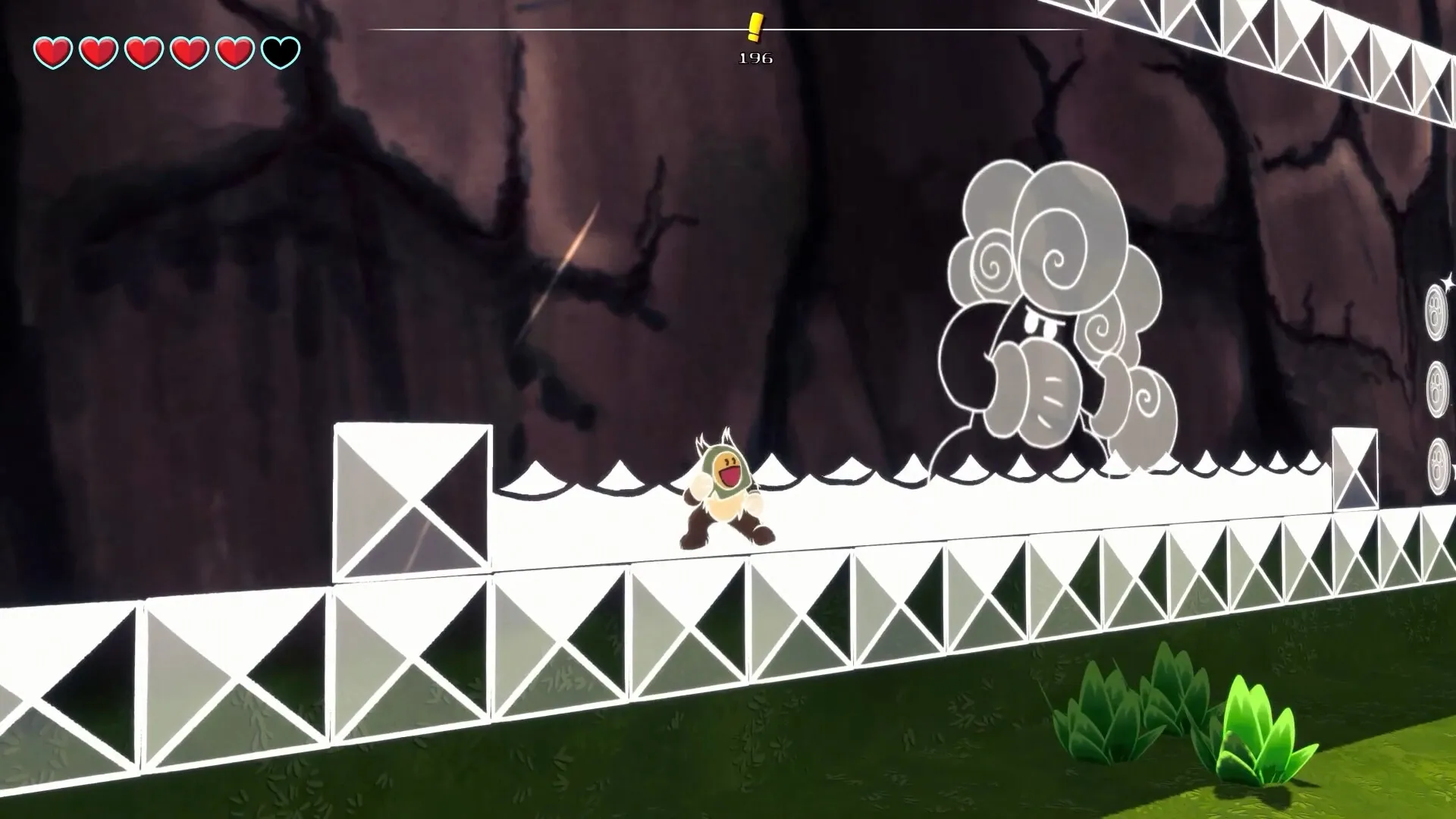 Ruffy and the Riverside: Character encounters cloud enemy on geometric platform with health bar visible.