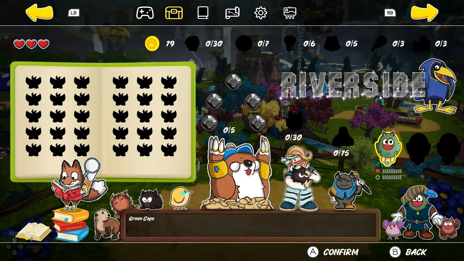 Ruffy and the Riverside: Character collection screen with inventory icons and colorful background scenery