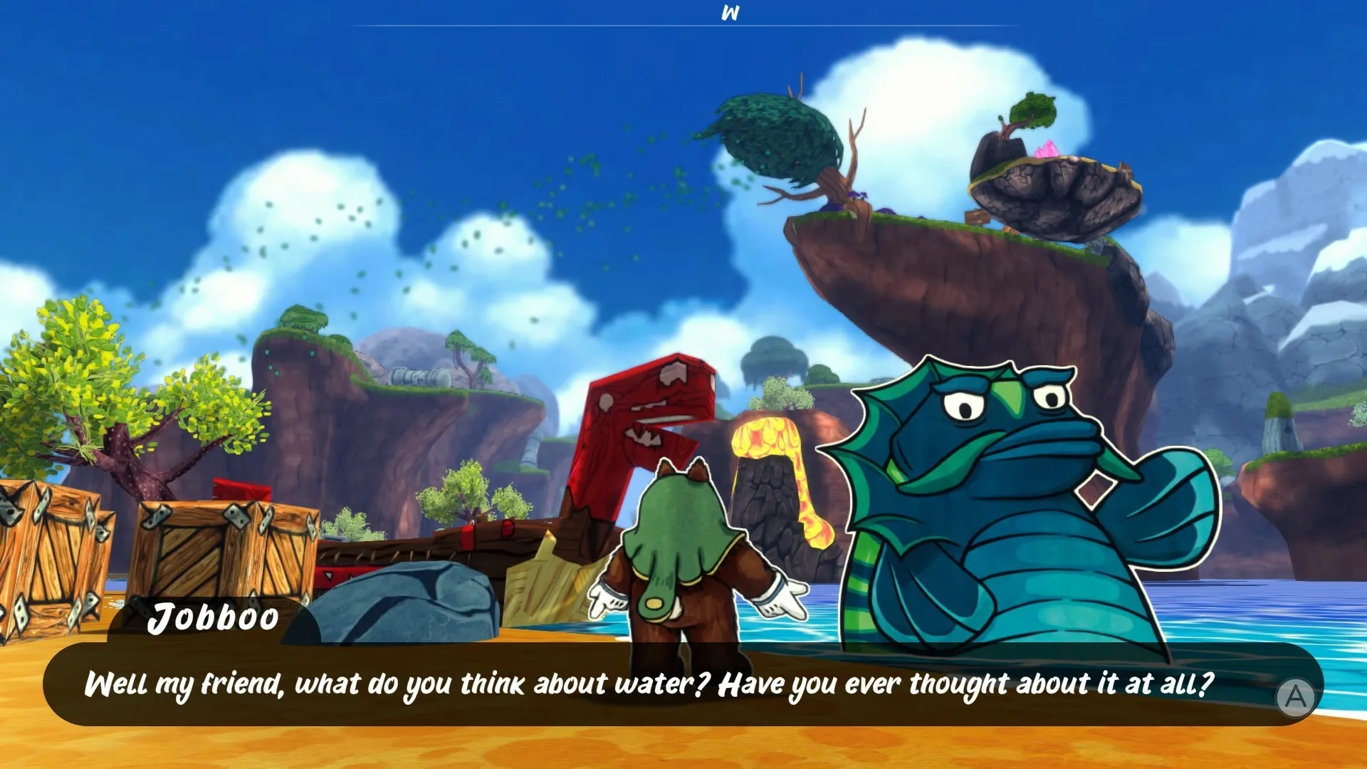 Ruffy and the Riverside: Jobboo and Ruffy converse near wooden crates, cliffs, and a waterfall in daylight.