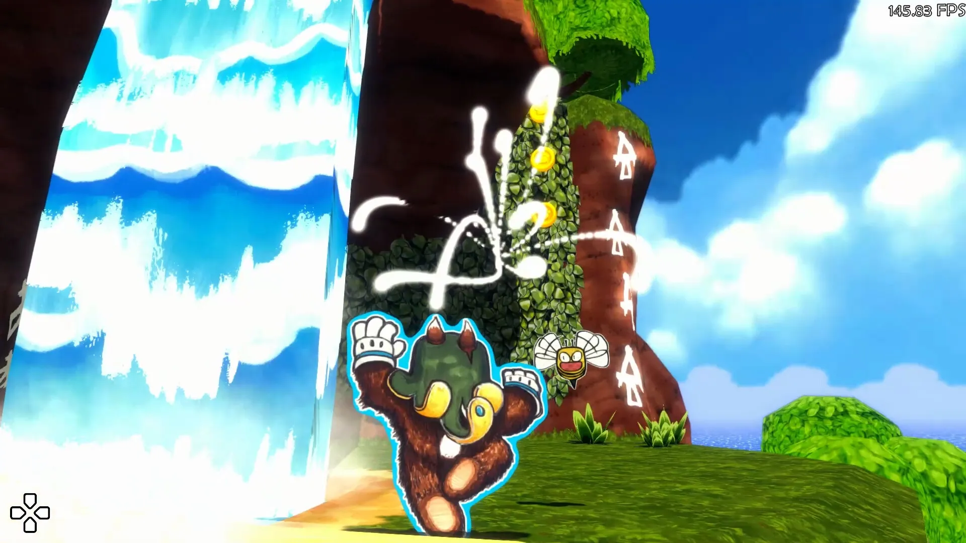 Ruffy and the Riverside: Ruffy casting magic near a waterfall, with symbols on a cliff in a lush open world