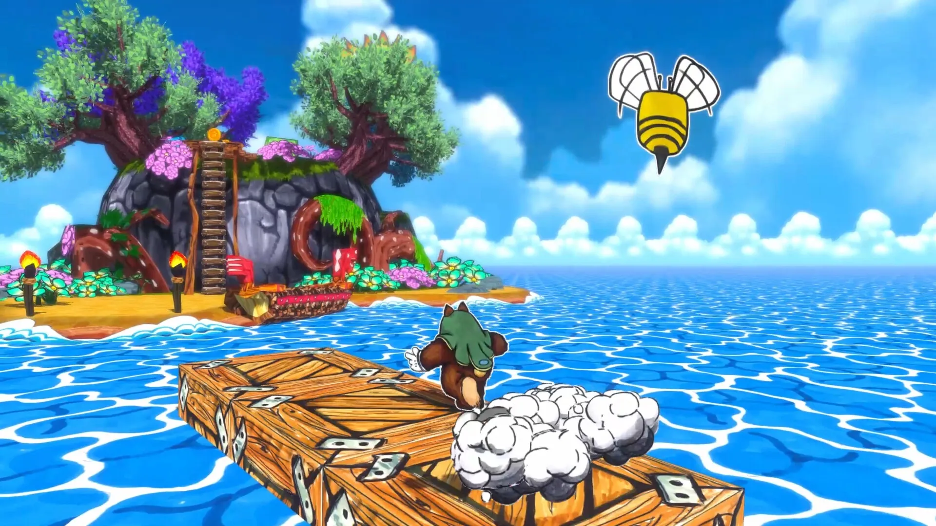 Ruffy and the Riverside: Ruffy sails on a wooden raft toward a colorful island with a giant bee overhead
