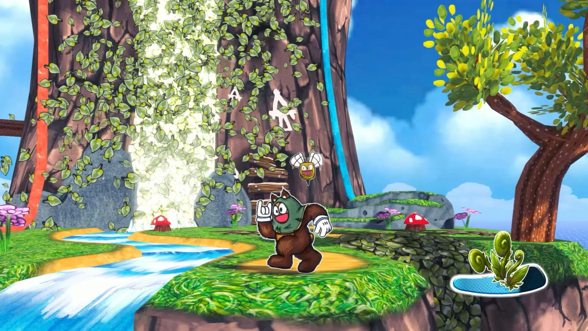 Ruffy and the Riverside: Ruffy standing near waterfall with vines, surrounded by lush greenery and mushrooms.