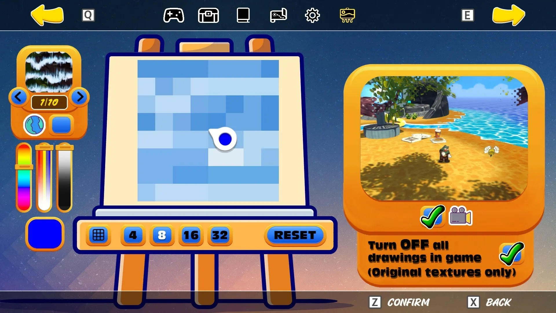 Ruffy and the Riverside: Texture editing interface with palette tools and a beach scene preview