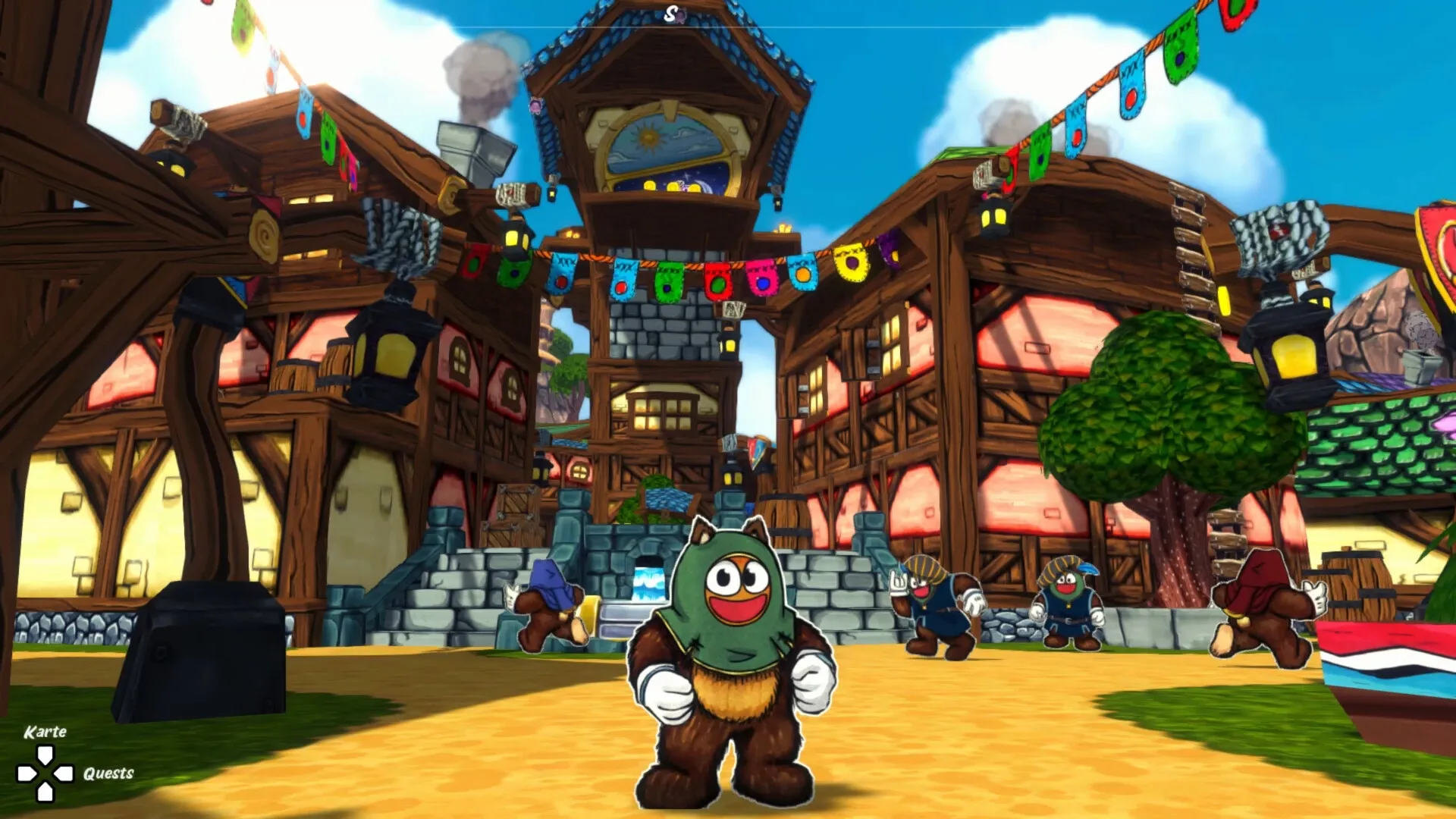 Ruffy and the Riverside: Ruffy in a lively village square with colorful banners and timber-framed buildings