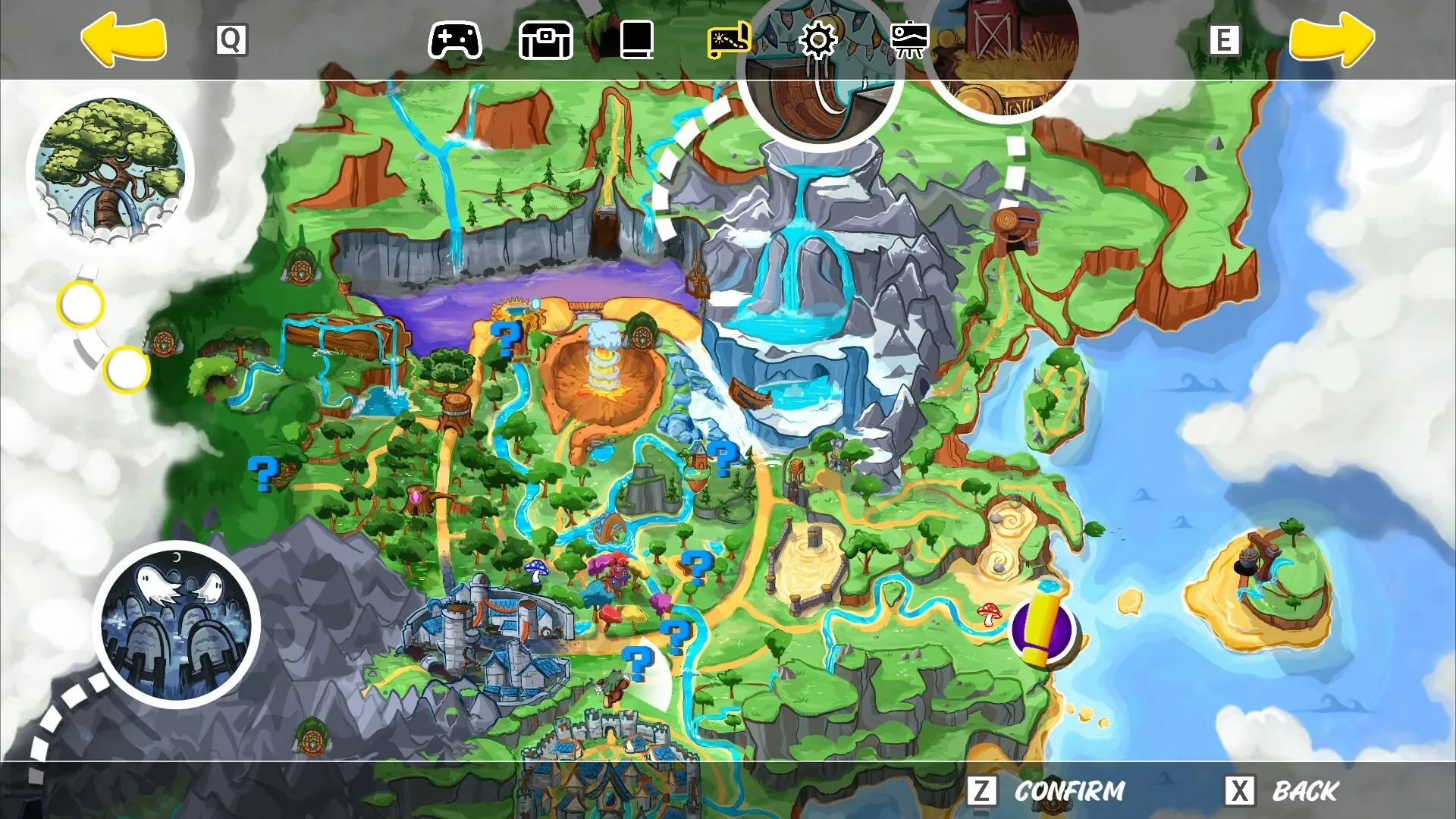 Ruffy and the Riverside: Colorful world map with icons, rivers, question marks, and navigation options.
