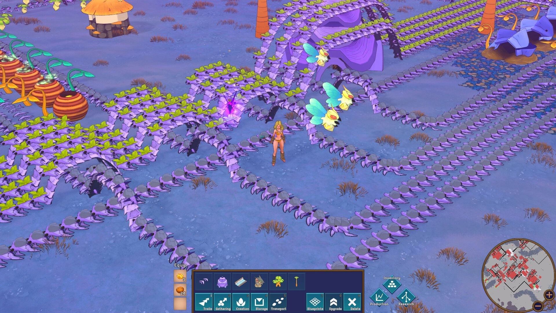 Ruin and Rebirth: Character in vibrant factory with conveyor belts and tamed creatures in open landscape.