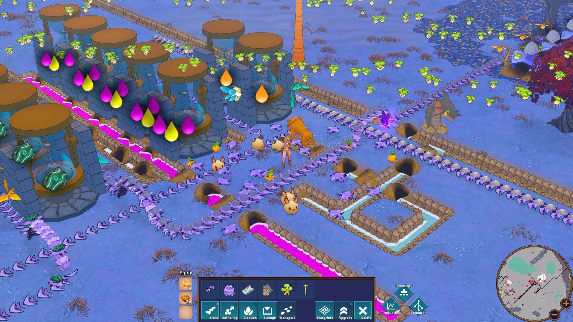 Ruin and Rebirth: Character managing factory with colorful resources in a mystical, blue-hued landscape.