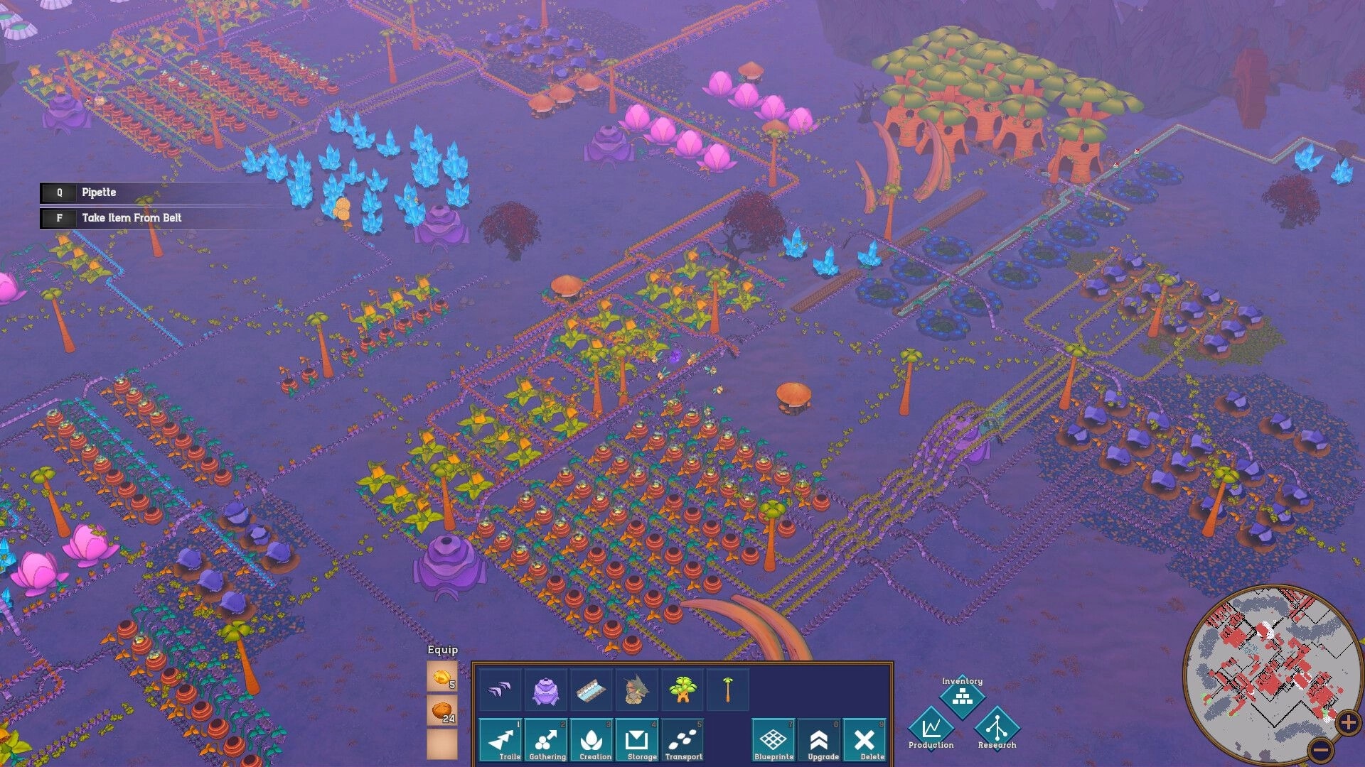 Ruin and Rebirth: Overhead view of colorful factory layout with resource nodes and control interface.