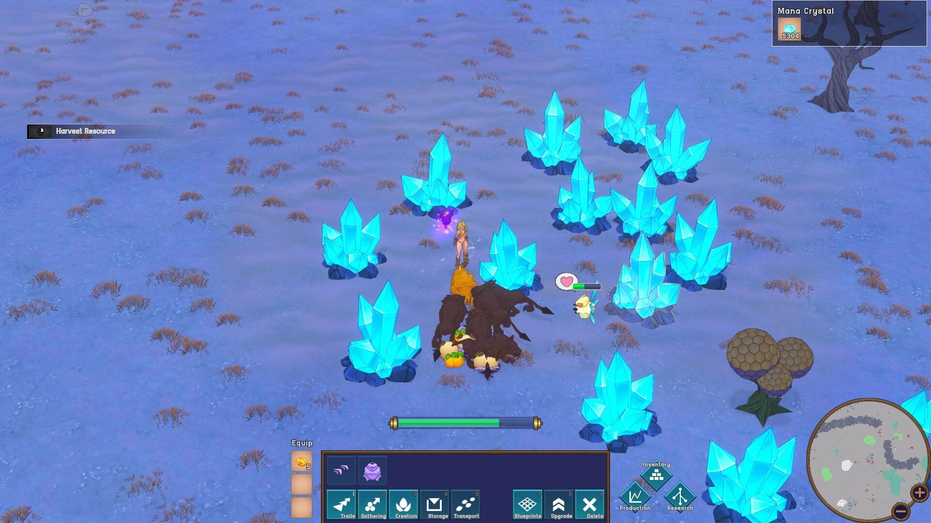 Ruin and Rebirth: Character harvesting mana crystals in icy landscape surrounded by glowing blue formations.