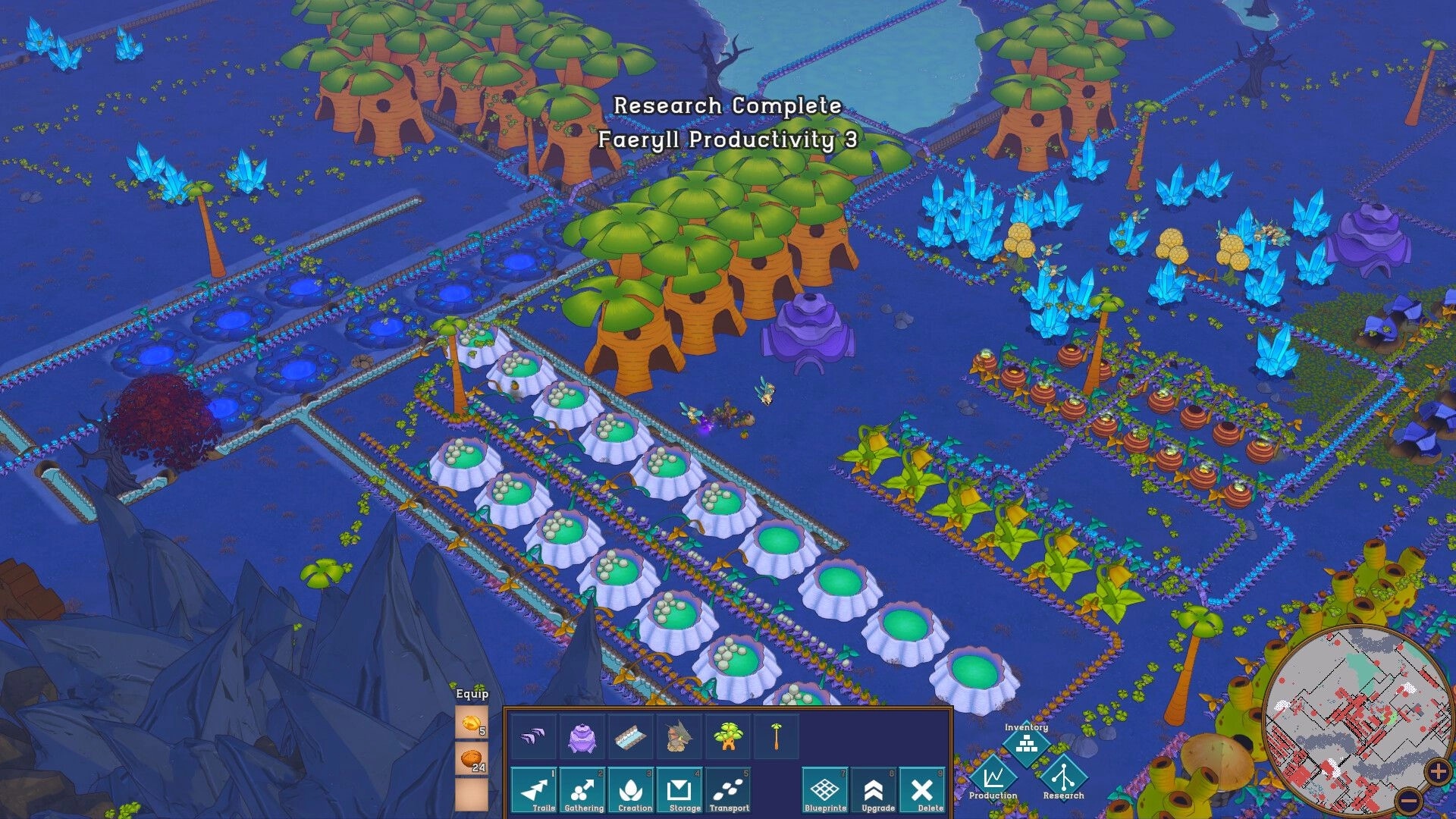 Ruin and Rebirth: Factory complex with research complete message, surrounded by trees and glowing crystals.