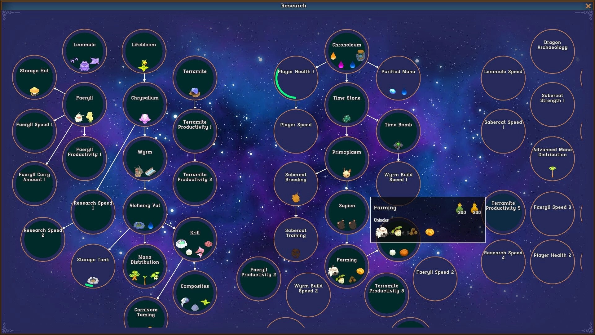 Ruin and Rebirth: Research tree interface displaying technology nodes against a starry cosmic backdrop.