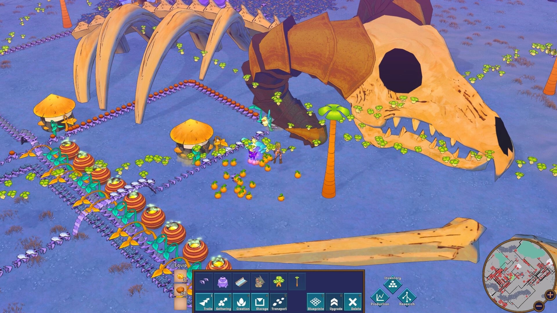 Ruin and Rebirth: Factory setup near giant skull in colorful open-world environment with UI elements visible.