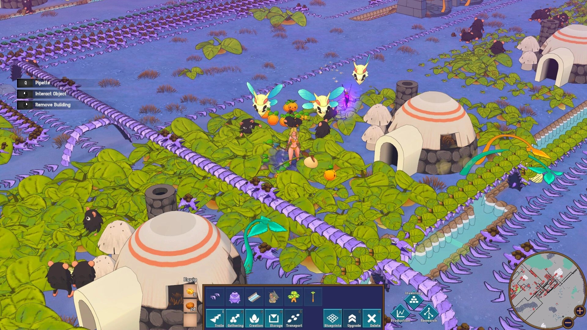 Ruin and Rebirth: Character managing resources and creatures in a vibrant, plant-filled village environment.