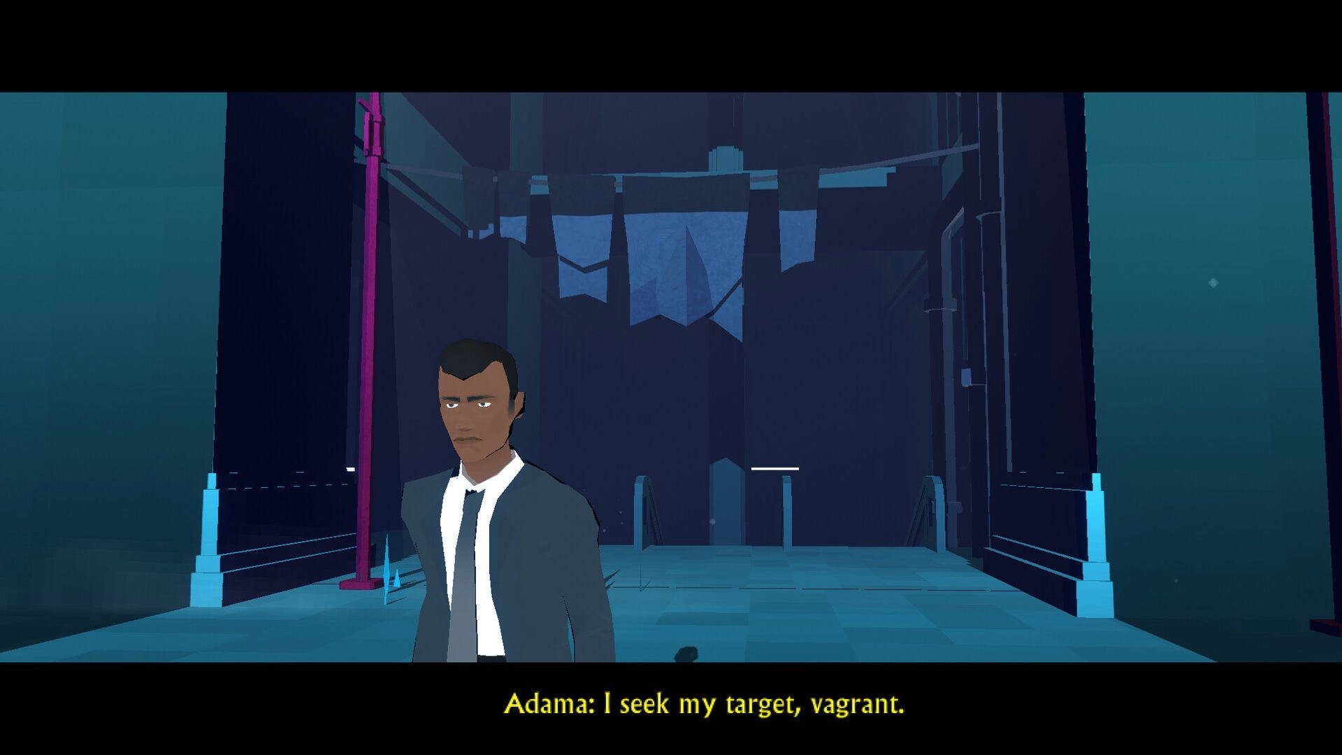 RUIN: Dialogue cutscene with suited man speaking, subtitles on screen in a dim futuristic corridor.