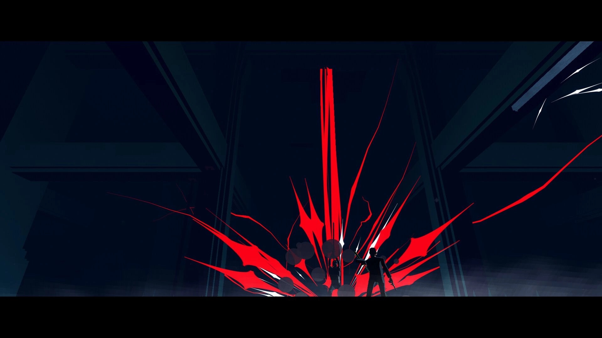 RUIN: Silhouetted fighter faces a red energy blast in a vast dark industrial hall with beams.