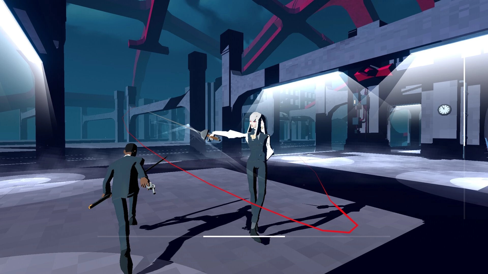 RUIN: Player confronts a white-haired gunwoman as red attack arc trails in a vast industrial hall.