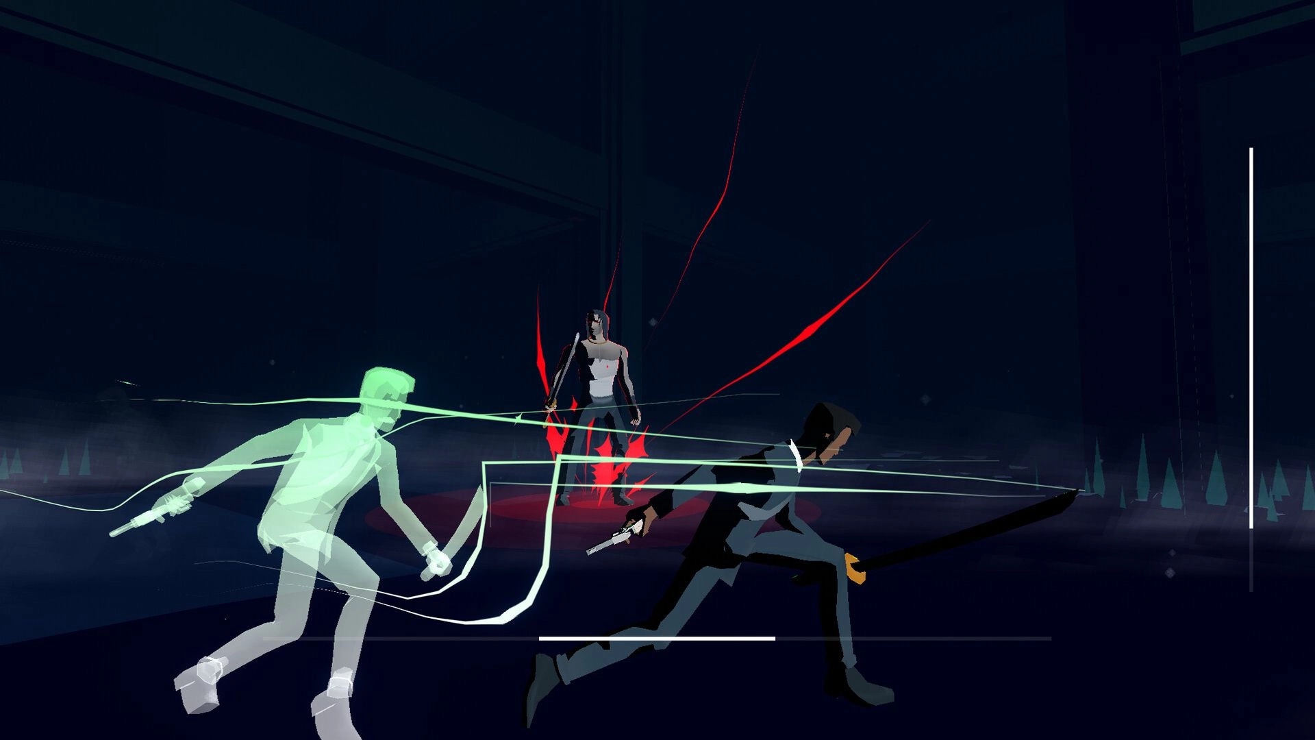 RUIN: Two gunmen dash past a red-glowing enemy in a dark arena with minimal HUD bars.