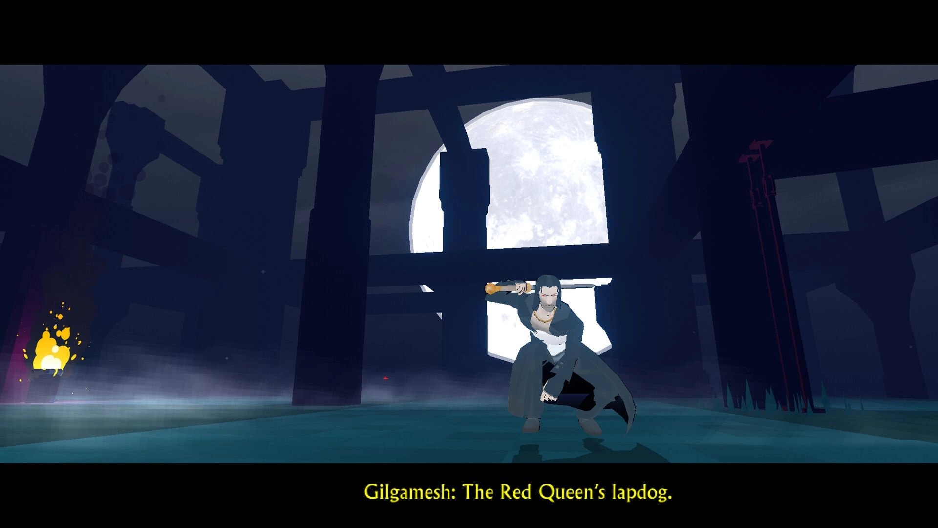 RUIN: Gilgamesh crouches with a bat in hand before a huge moonlit window in dark ruins.
