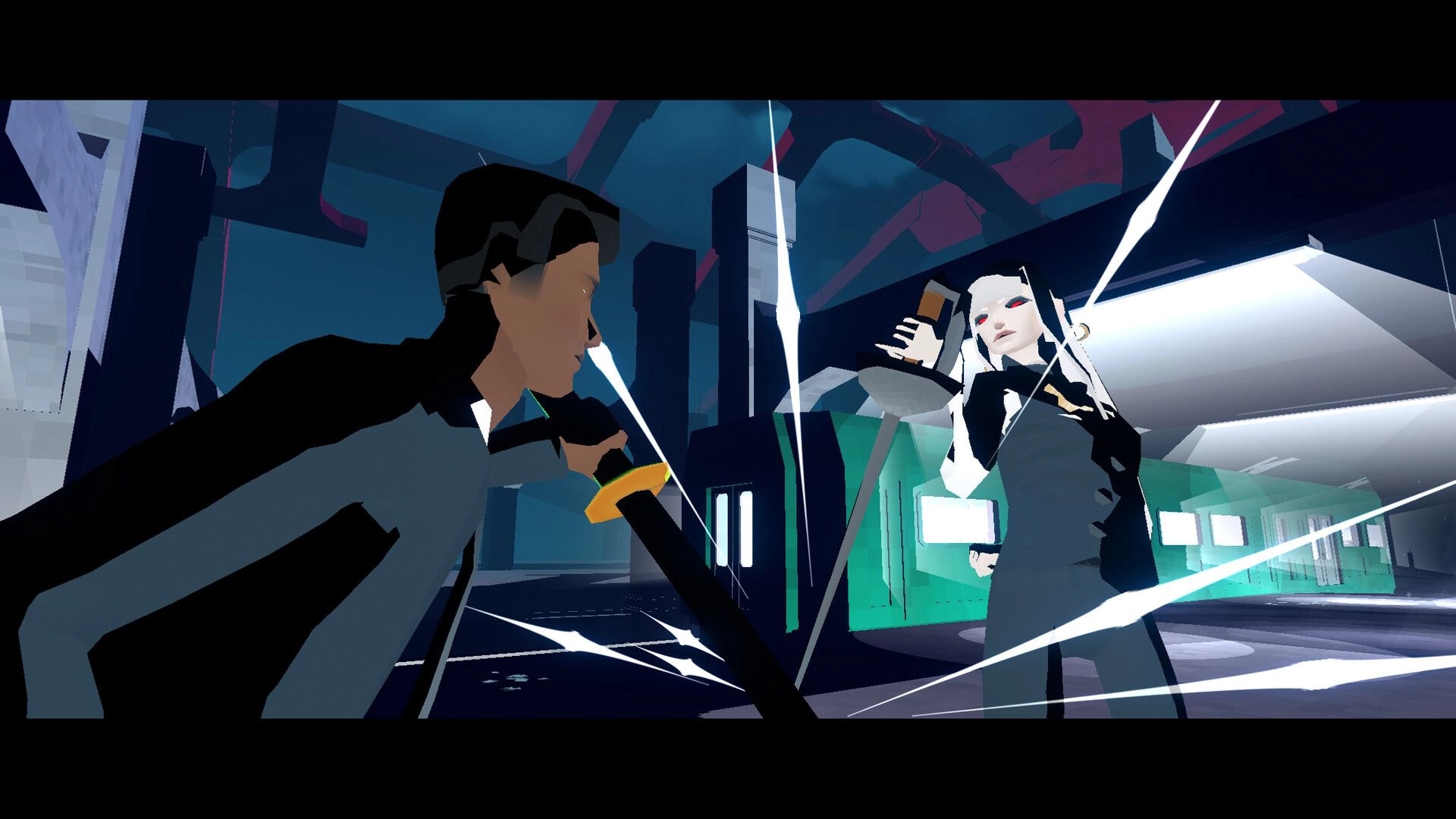 RUIN: Two characters face off mid-strike with white slash effects in a neon-lit corridor arena.
