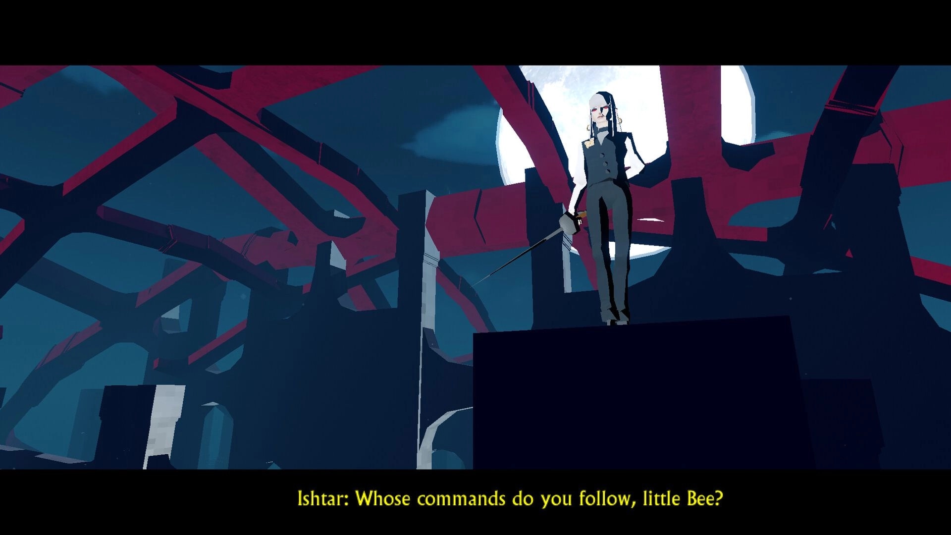 RUIN: Ishtar stands on a platform holding a sword during dialogue in a moonlit ruin arena.
