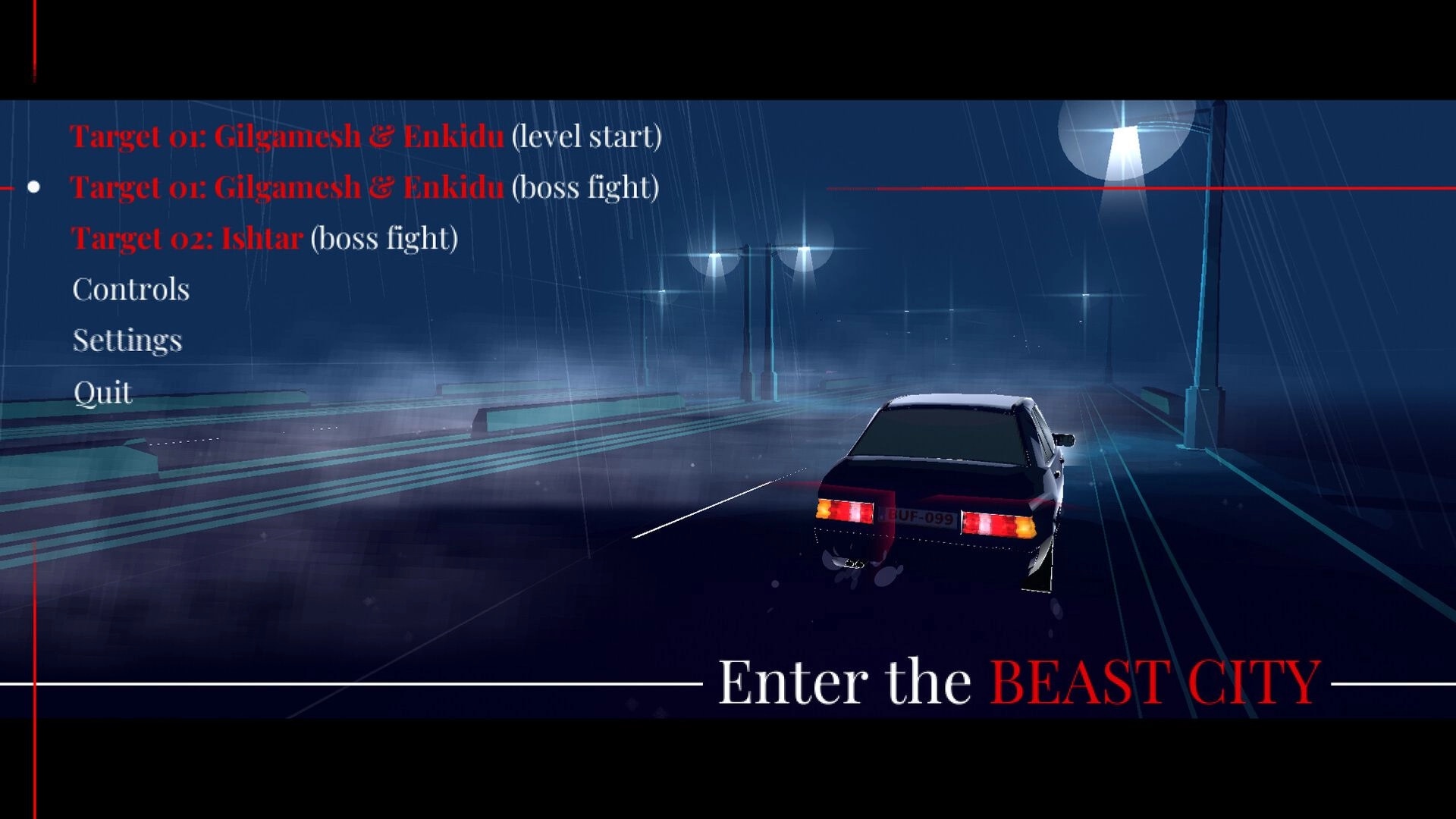 RUIN: Level select menu with boss targets listed over a rainy highway scene with a car at night.