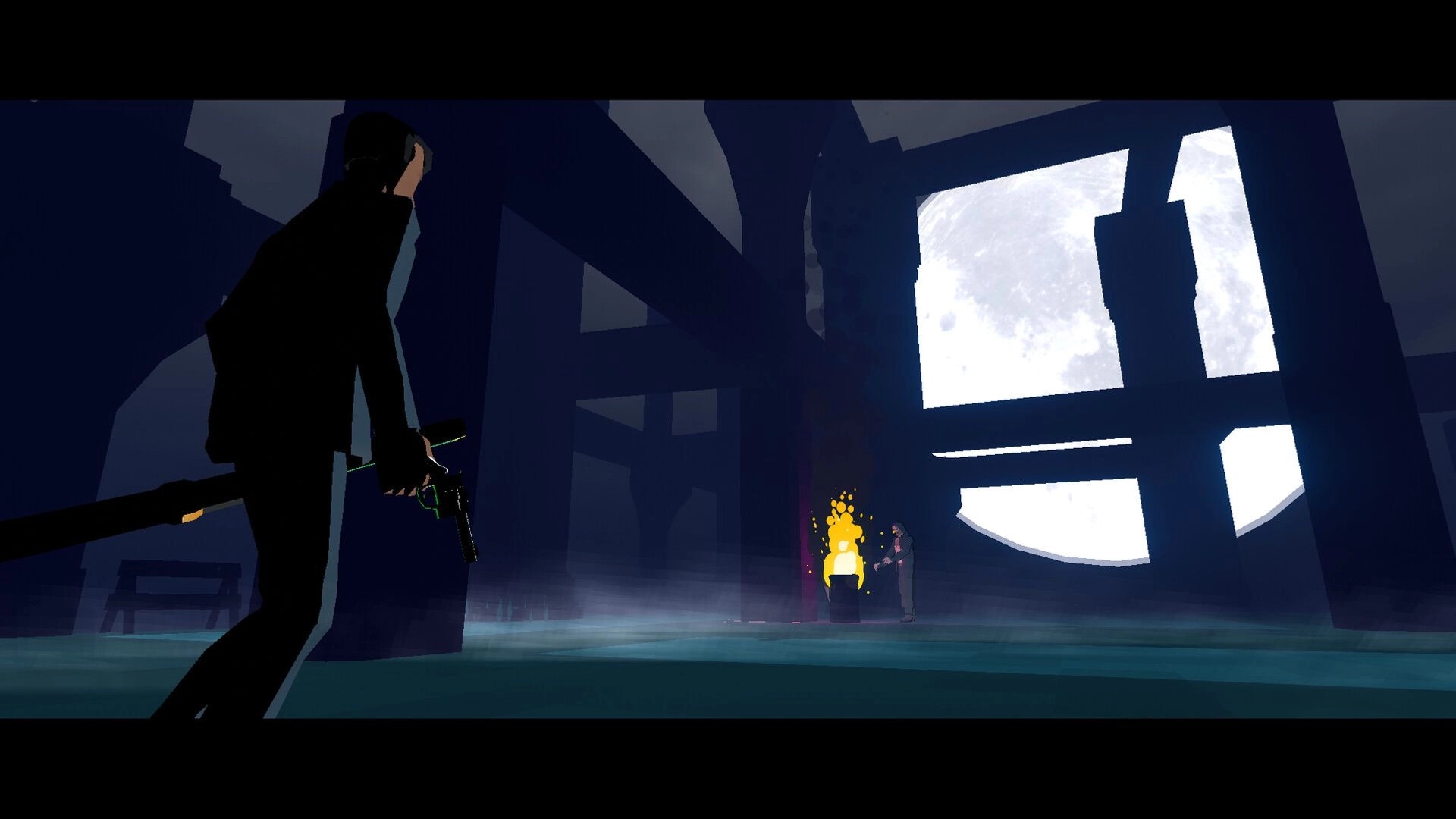 RUIN: Armed assassin silhouette approaches a lone foe by a fire in a moonlit ruined hall.