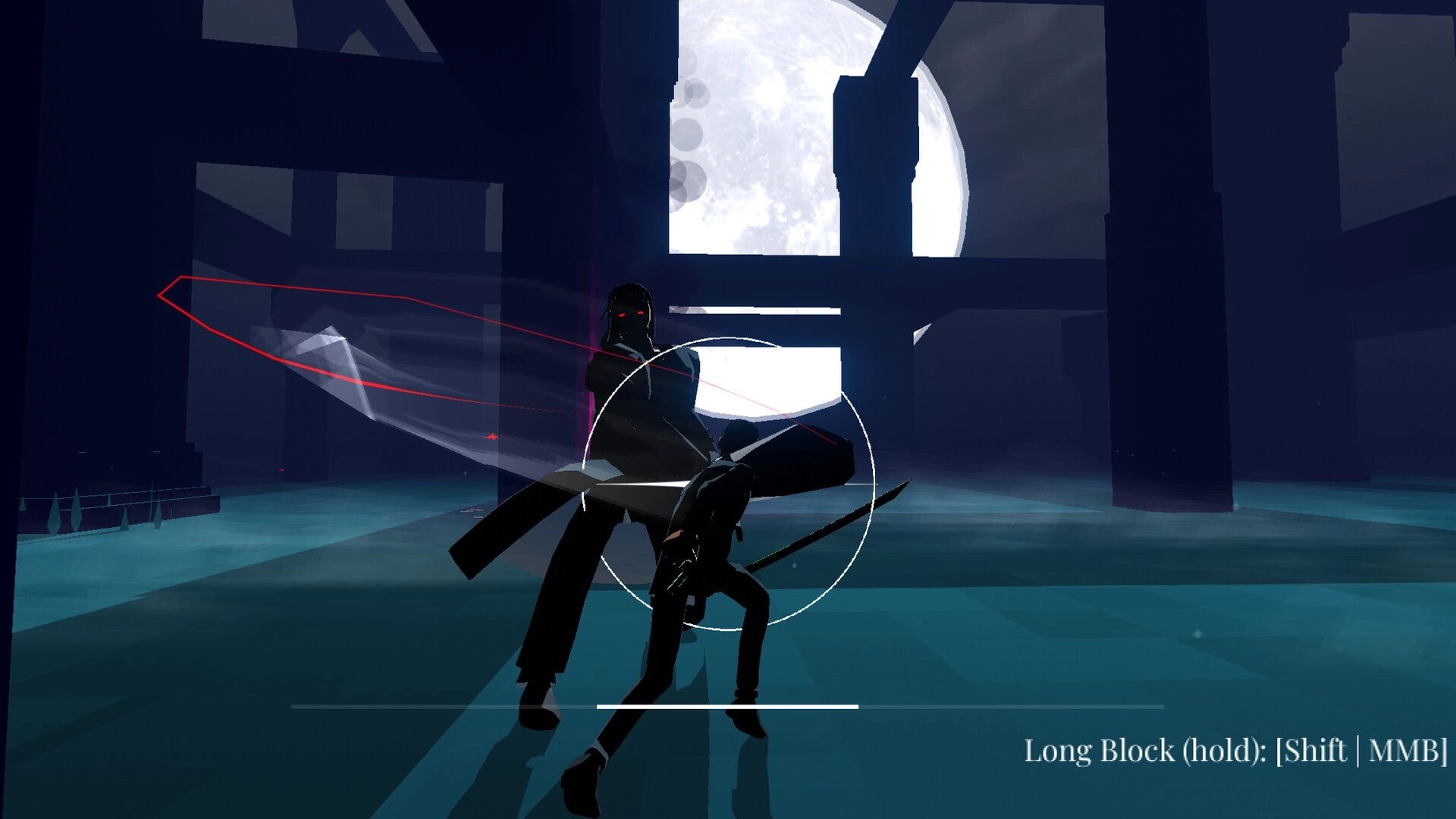 RUIN: Player blocks a red-eyed boss with sword, prompt for Long Block in moonlit ruin hall.