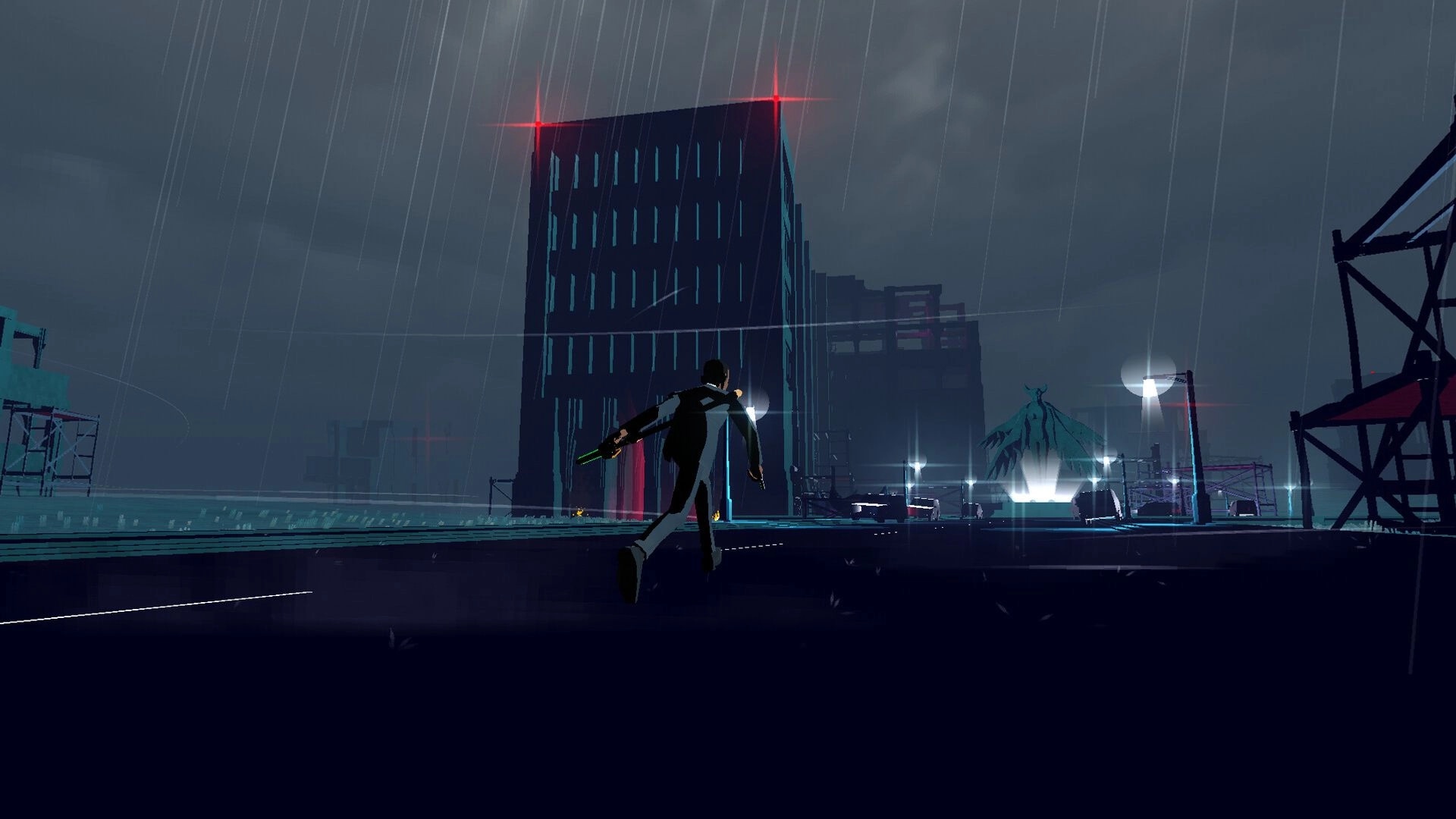 RUIN: Player sprinting with a pistol toward a neon tower in a rainy, foggy city street at night.