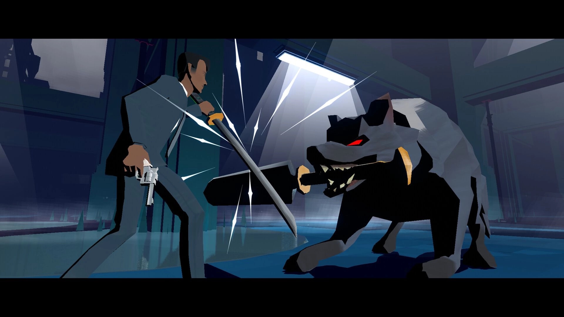 RUIN: Suited fighter clashes sword with snarling wolf beast in a dim blue industrial arena hall.