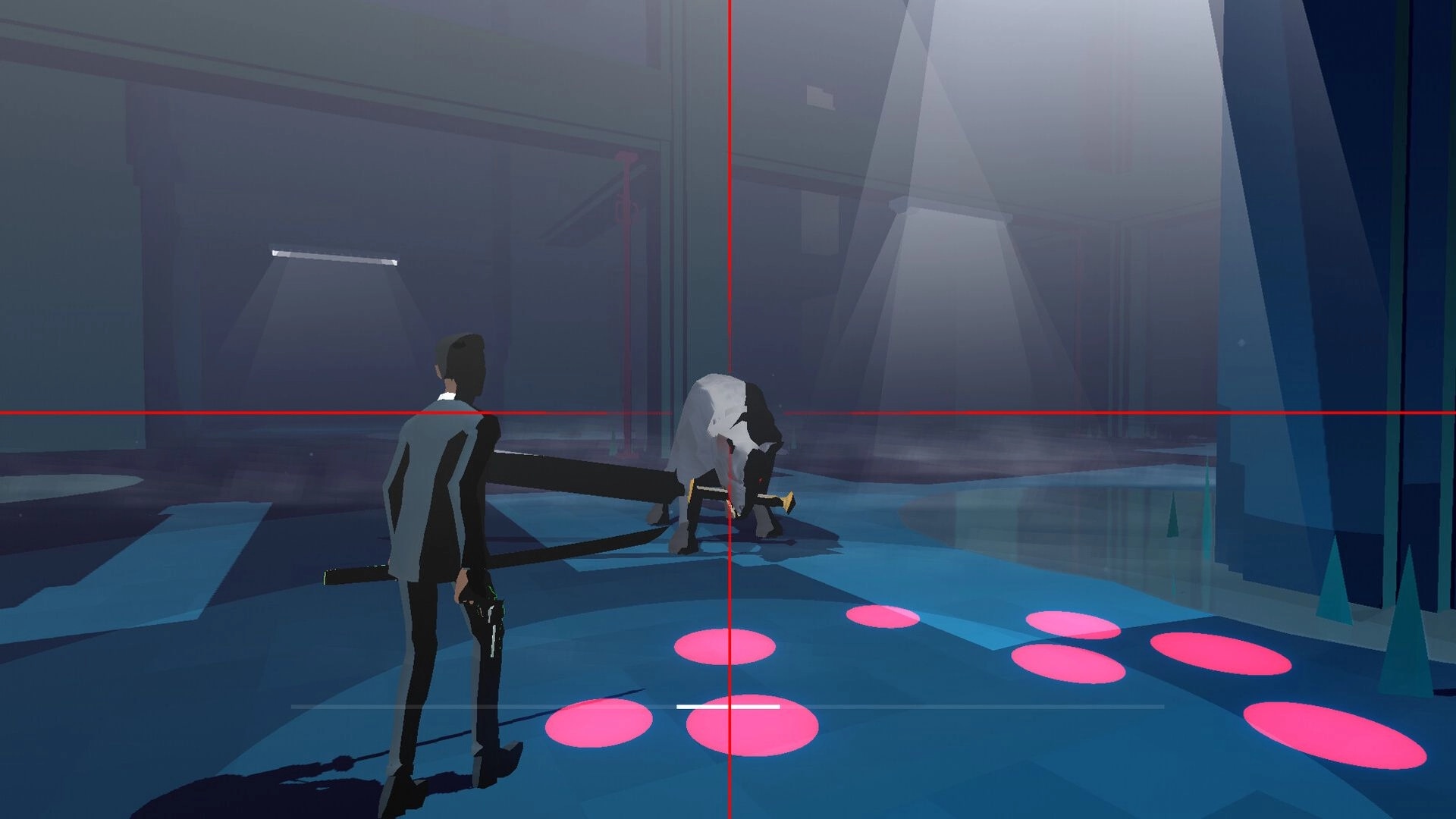 RUIN: Player aims at a crouched beast boss with red crosshair and pink hazard circles in a foggy arena.