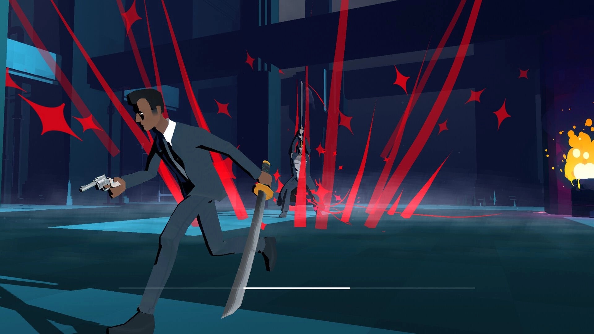 RUIN: Suited gunman sprints with pistol and sword past red slash effects in a dark hall arena.