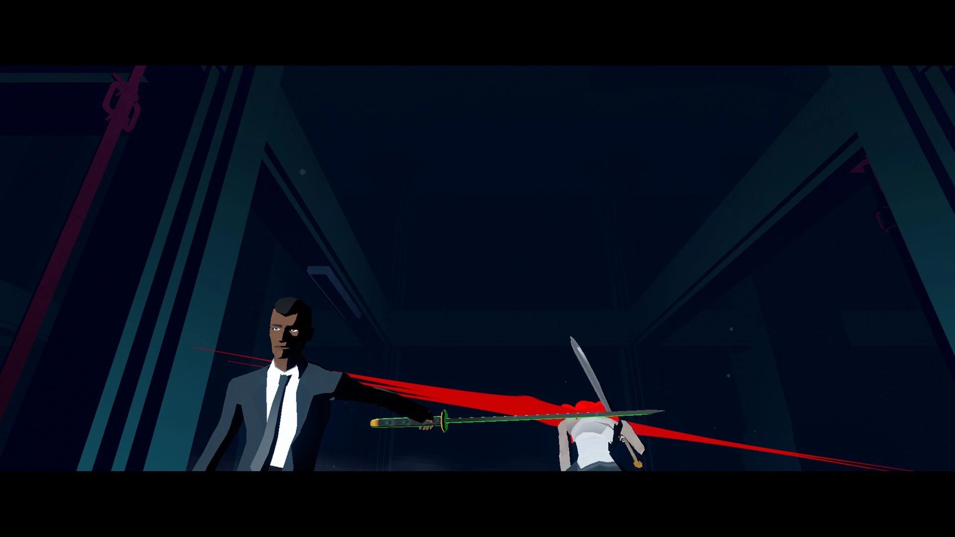 RUIN: Sword strike slashes through suited enemy with red trail in dark neon-lit corridor.