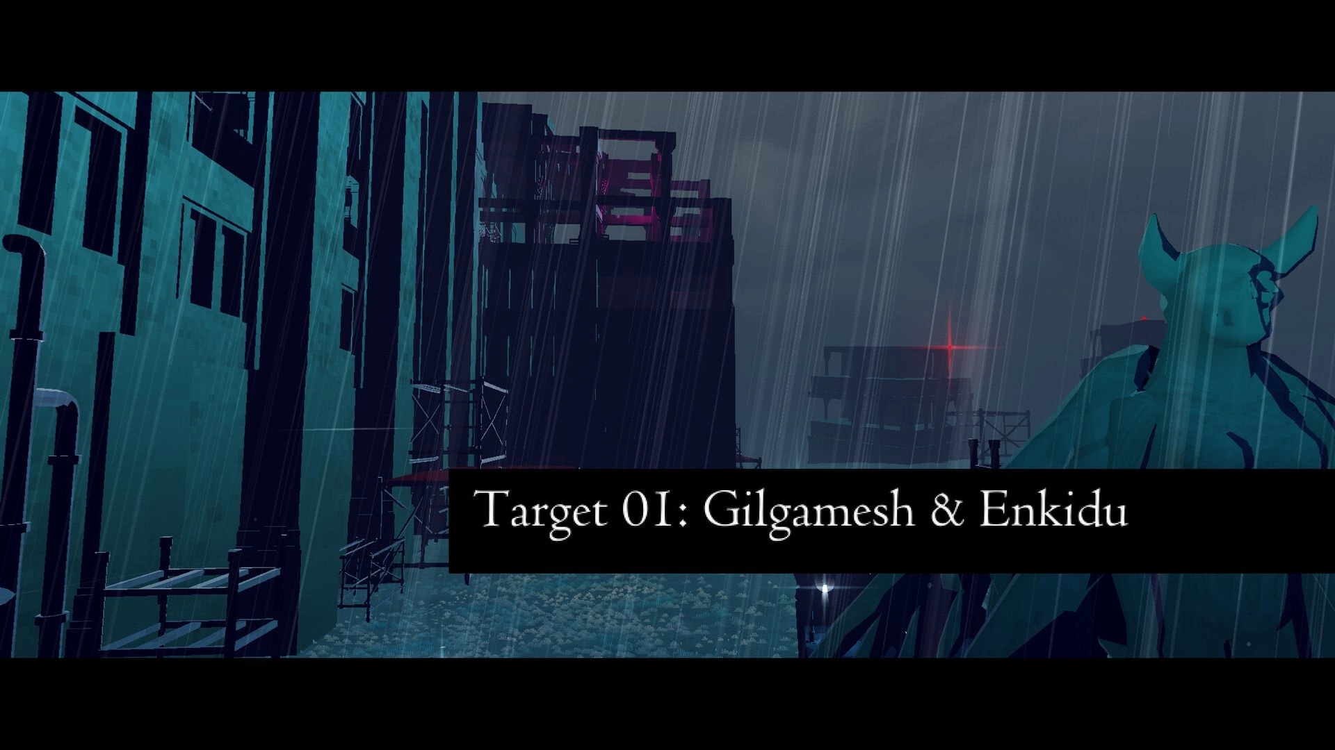 RUIN: Title card "Target 01: Gilgamesh & Enkidu" over a rainy industrial ruin with statue silhouette.