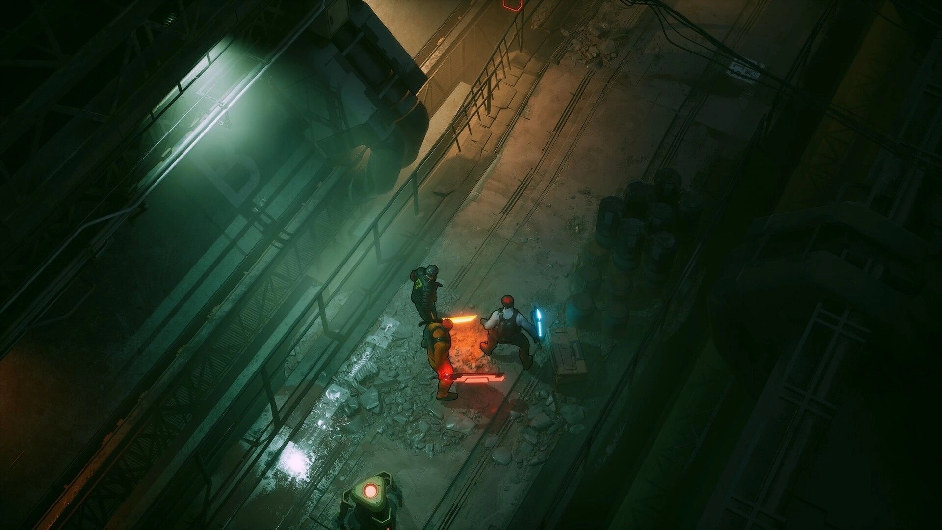 RUINER 2: Three fighters clash with glowing batons on a grimy industrial catwalk, top-down view.