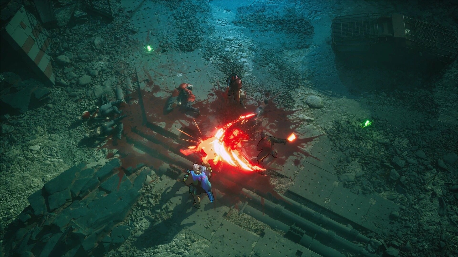 RUINER 2: Isometric melee strike with red energy arc amid rubble-strewn industrial ruins and bloodstains.