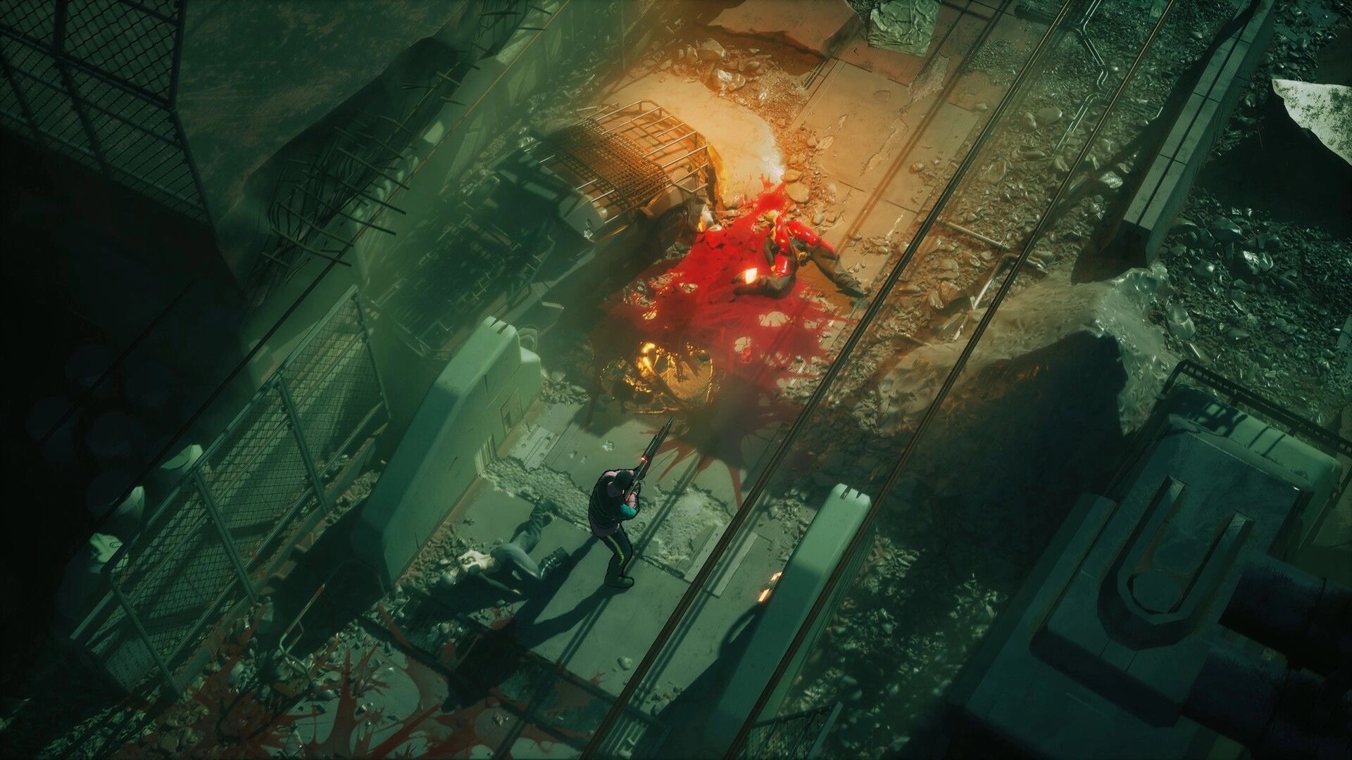 RUINER 2: Top-down shooter aiming rifle at gore-splattered wreck on rubble-strewn rail yard walkway.