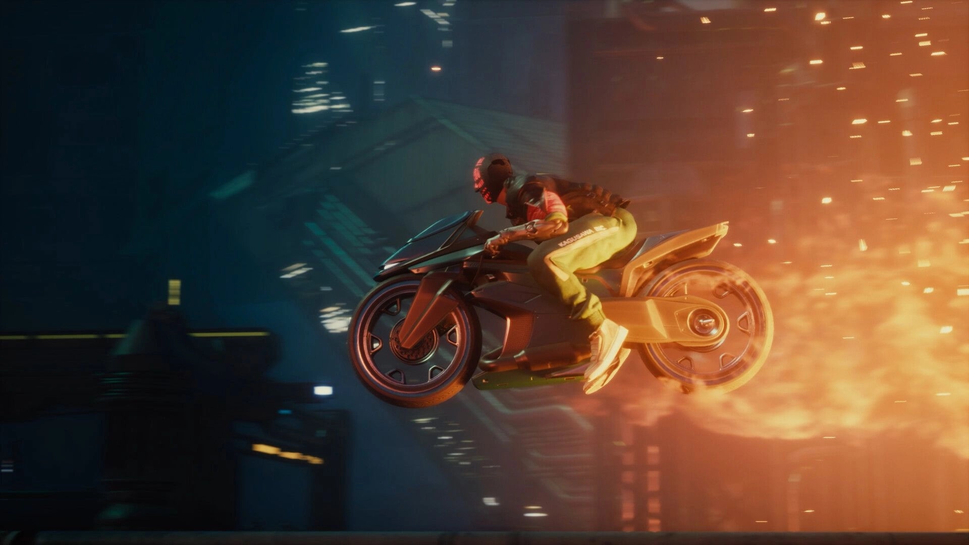RUINER 2: Helmeted rider launches a futuristic motorcycle through neon city air amid sparks and fire.