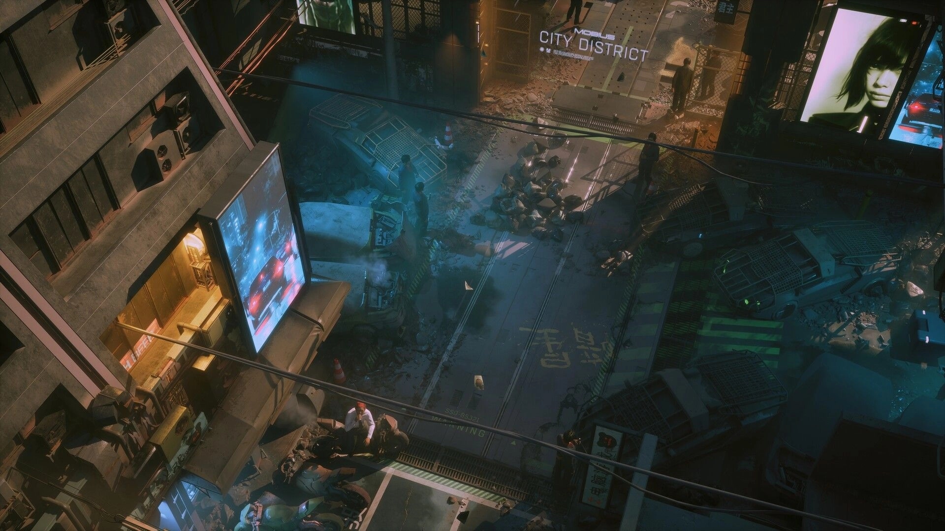 RUINER 2: Isometric view of a ruined neon street with wrecked cars, debris, and billboards overhead.