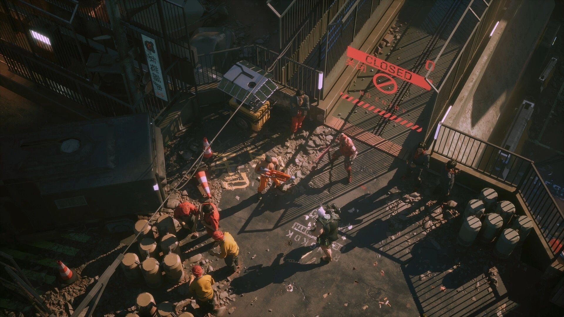 RUINER 2: Top-down standoff with armed fighters near a CLOSED gate in a rubble-strewn alley.