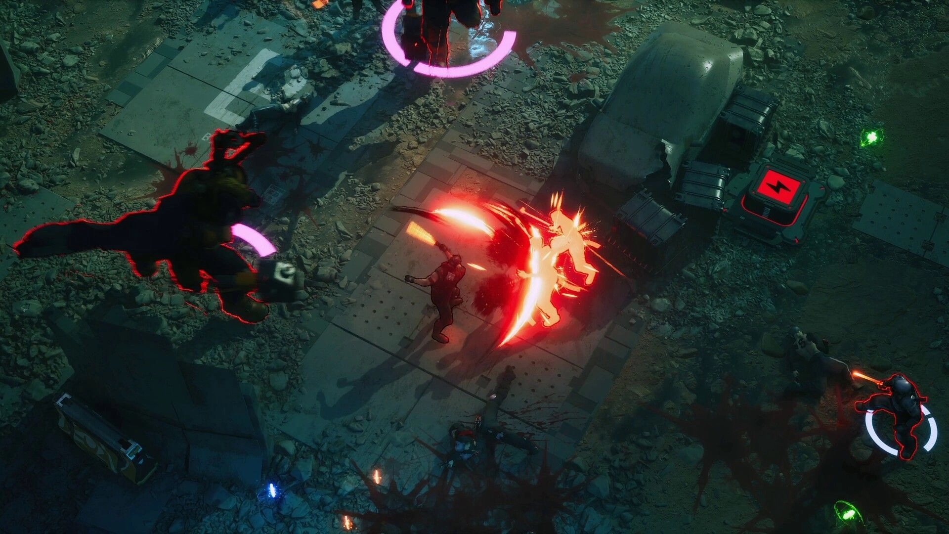 RUINER 2: Top-down fighter slashes enemies with a red arc in a rubble-strewn street by a van.