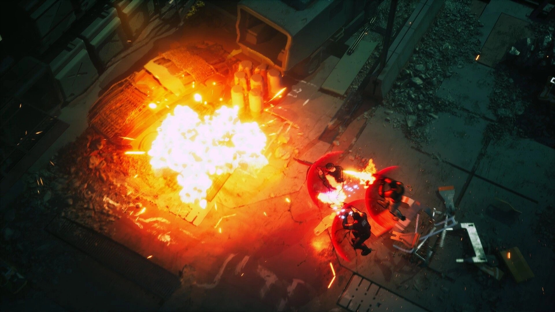 RUINER 2: Top-down firefight with three armored foes near a huge explosion in a ruined street plaza.