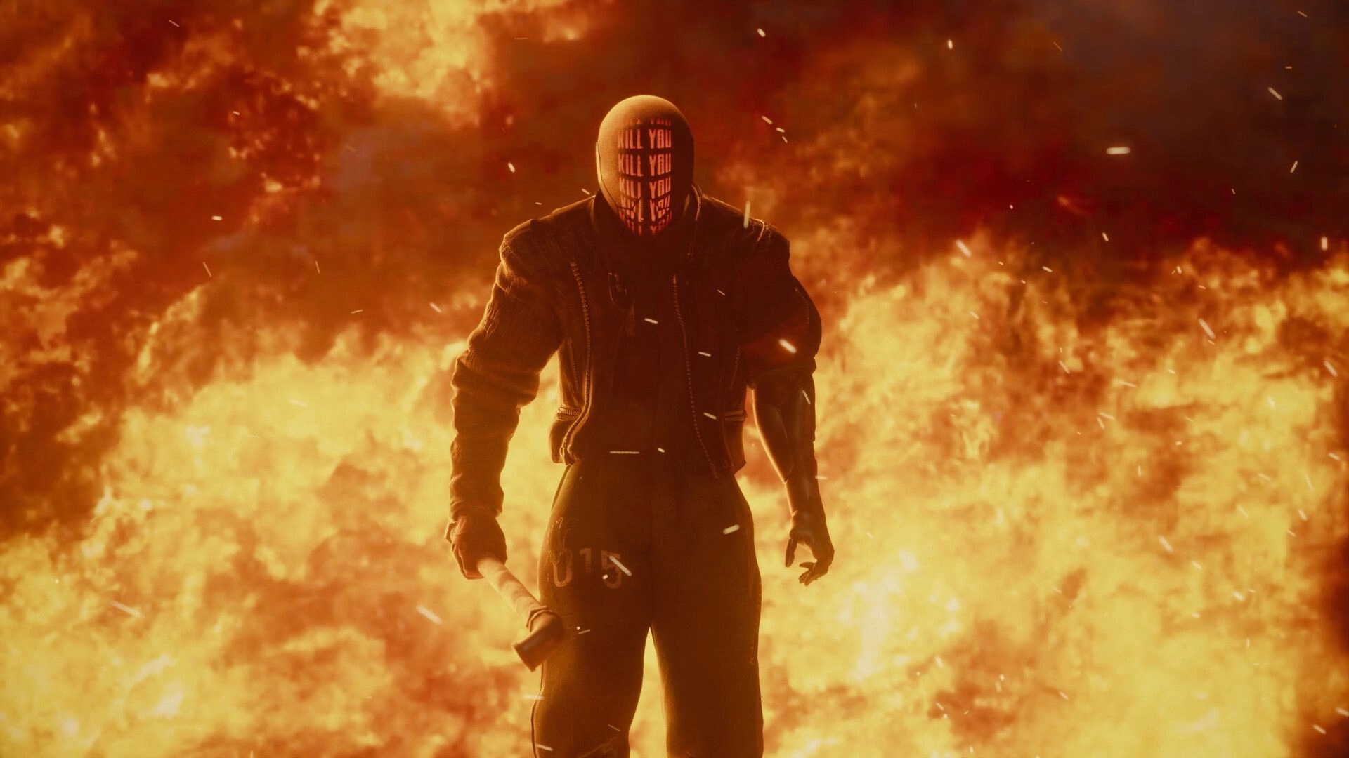 RUINER 2: Masked enforcer holding a bat silhouetted against a roaring wall of fire and sparks.