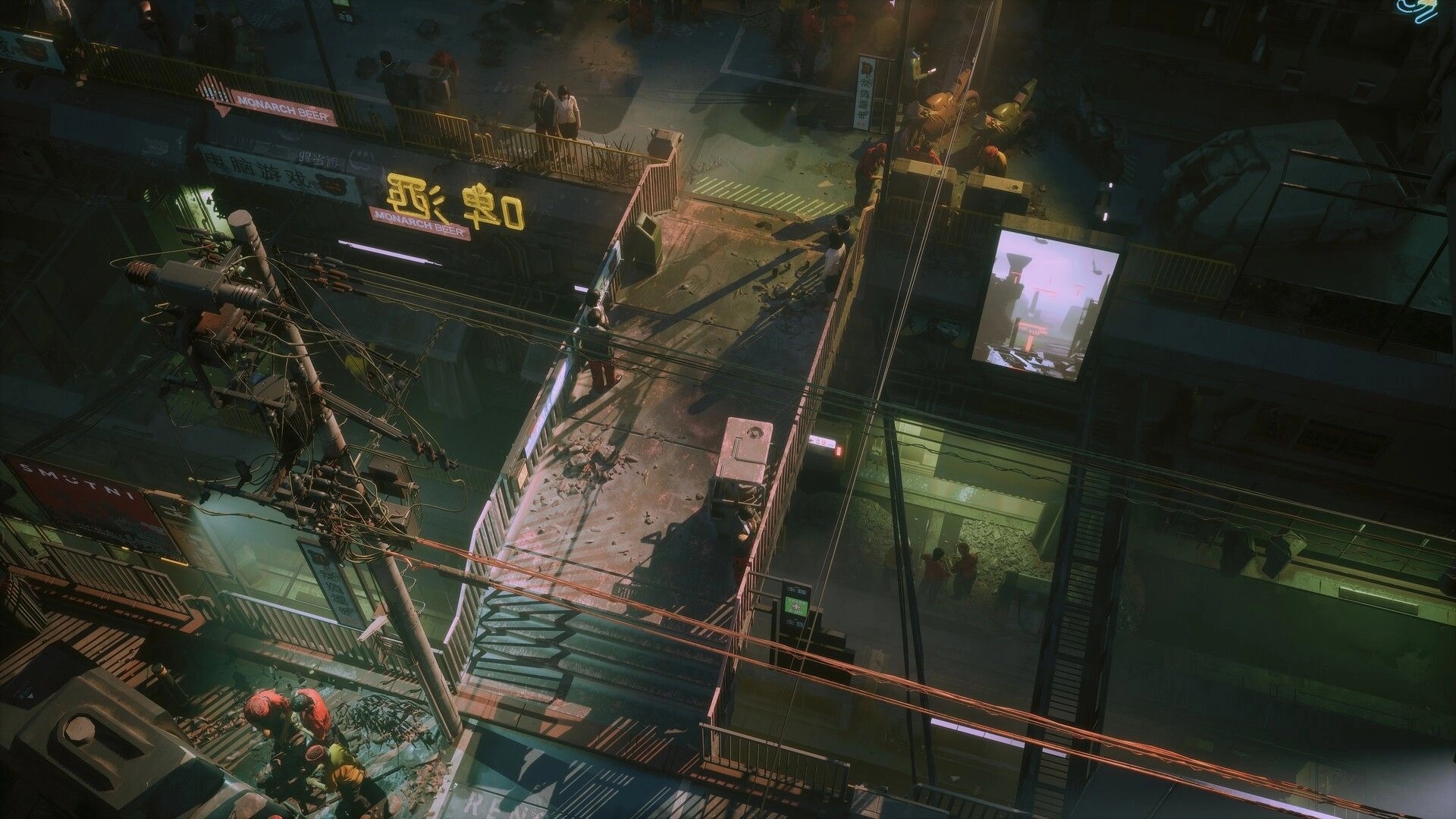 RUINER 2: Isometric view of a neon alley overpass with crowds, wires, and a glowing billboard screen.