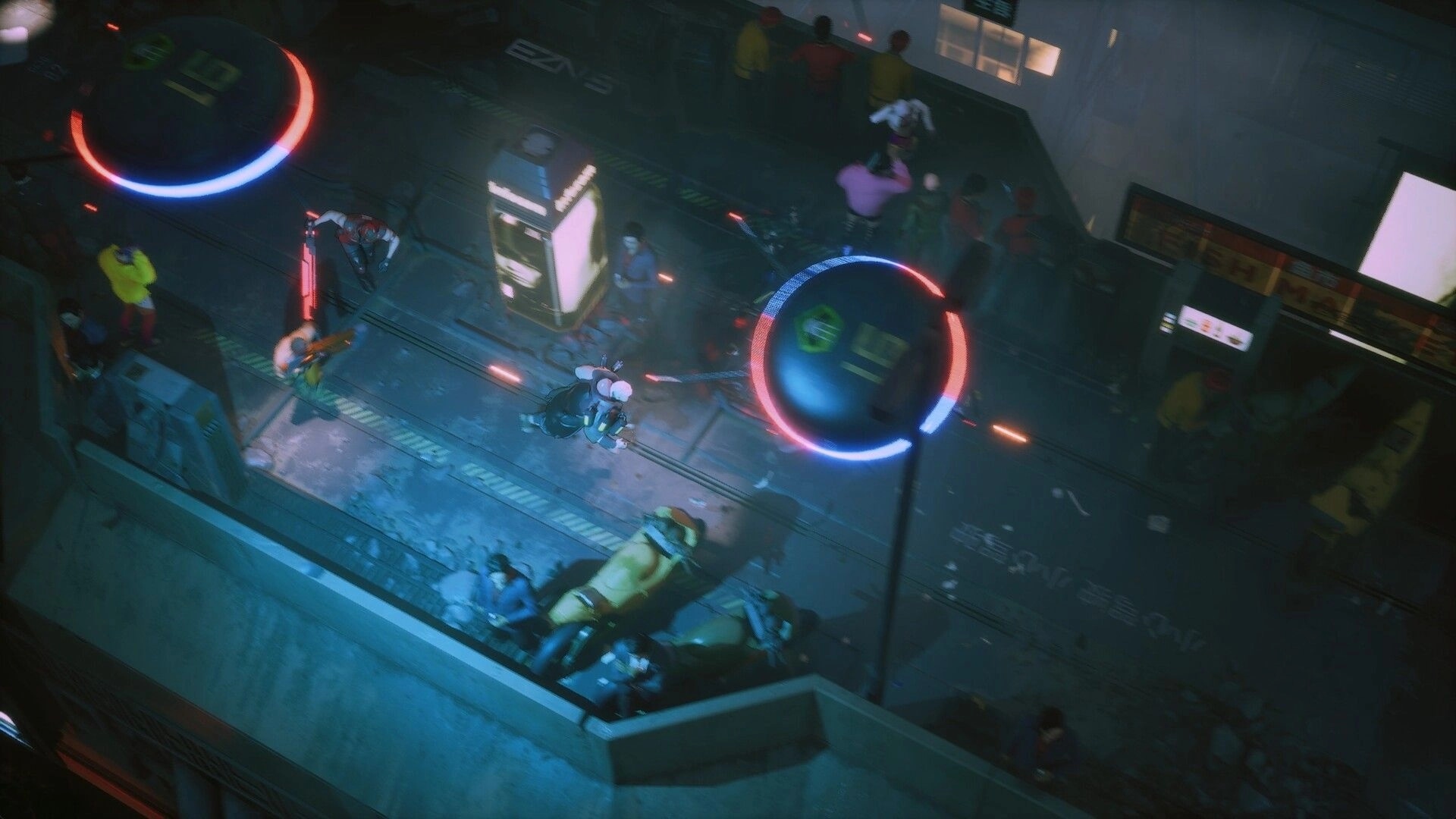 RUINER 2: Top-down view of pedestrians near neon ring signs and a kiosk on a rainy street at night.