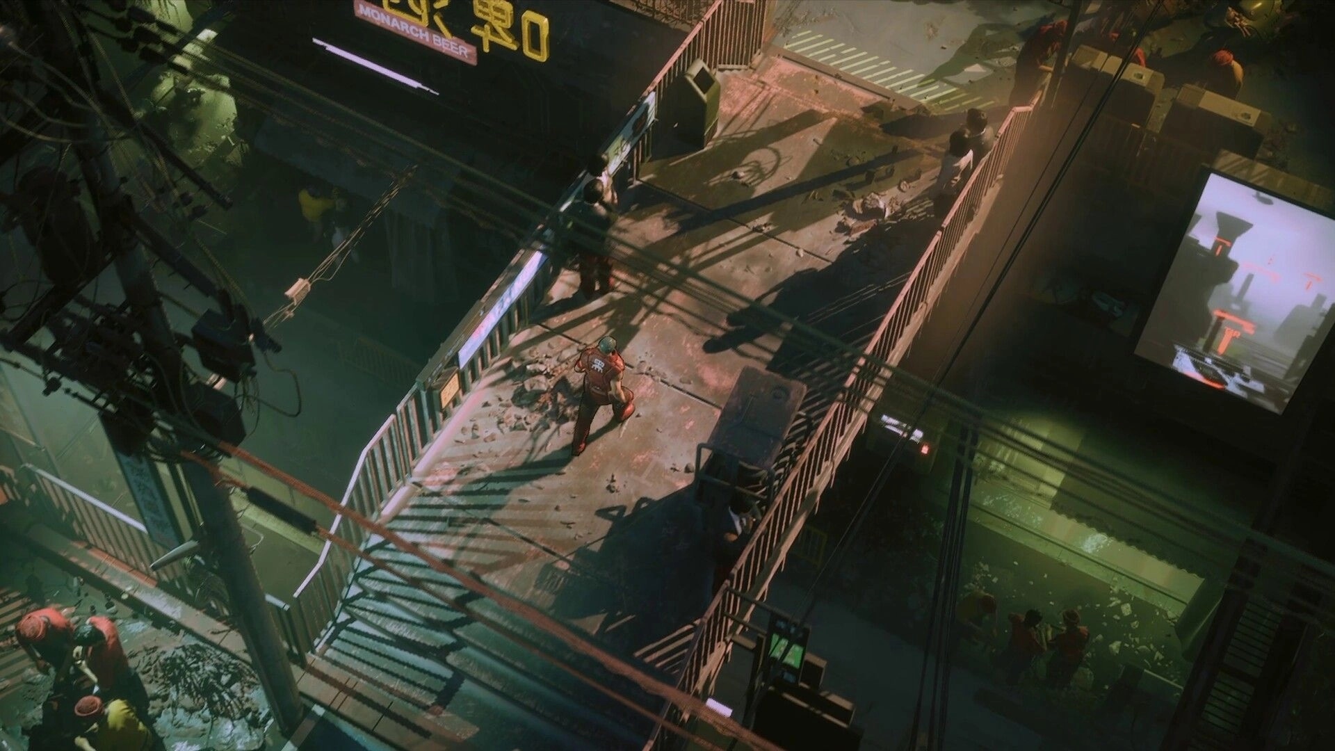 RUINER 2: Player character on a neon-lit skybridge above city streets with billboards and cables.