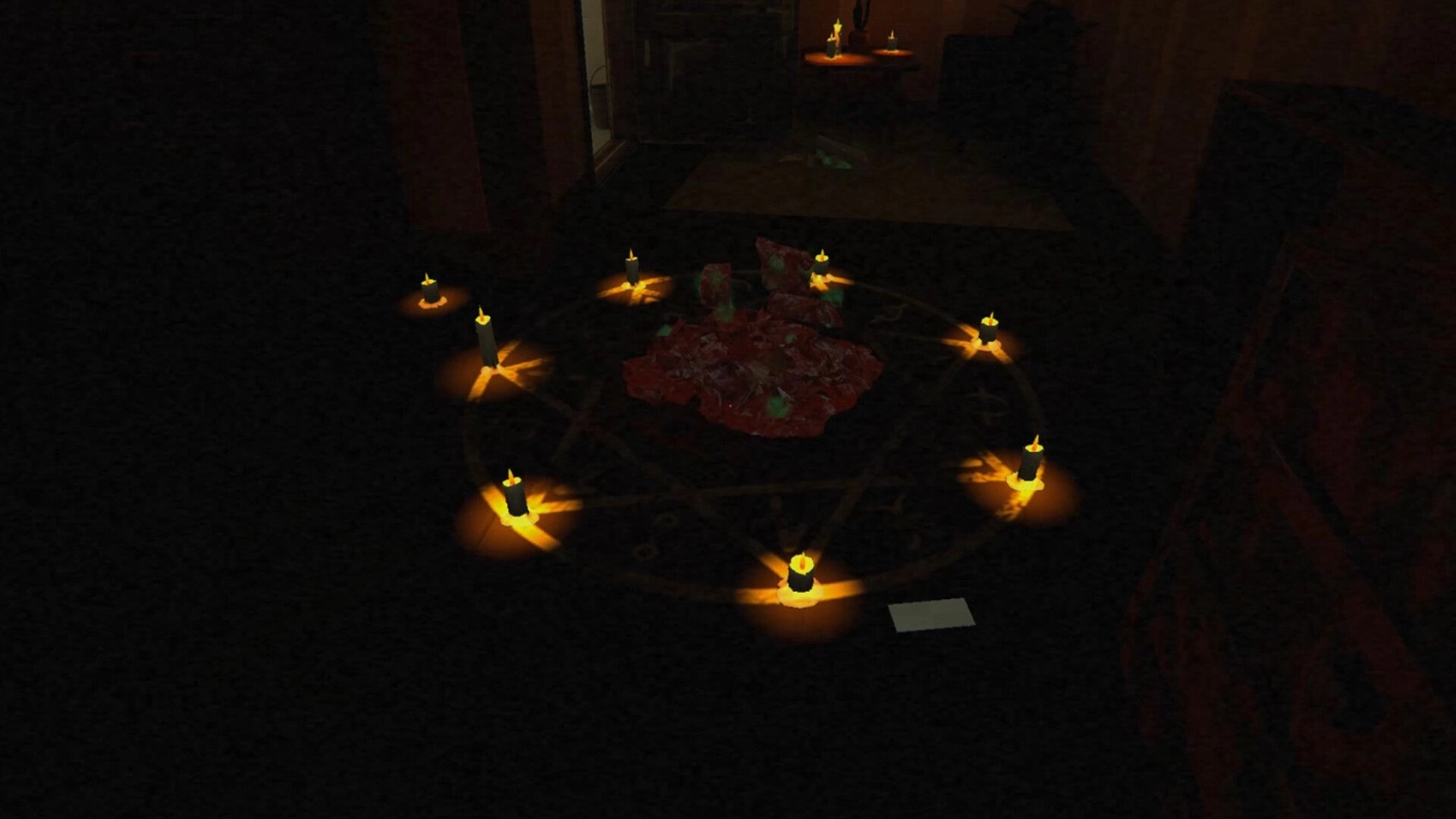 Rules: Candle circle around a bloody pile on the floor in a dark motel hallway with foggy shadows.