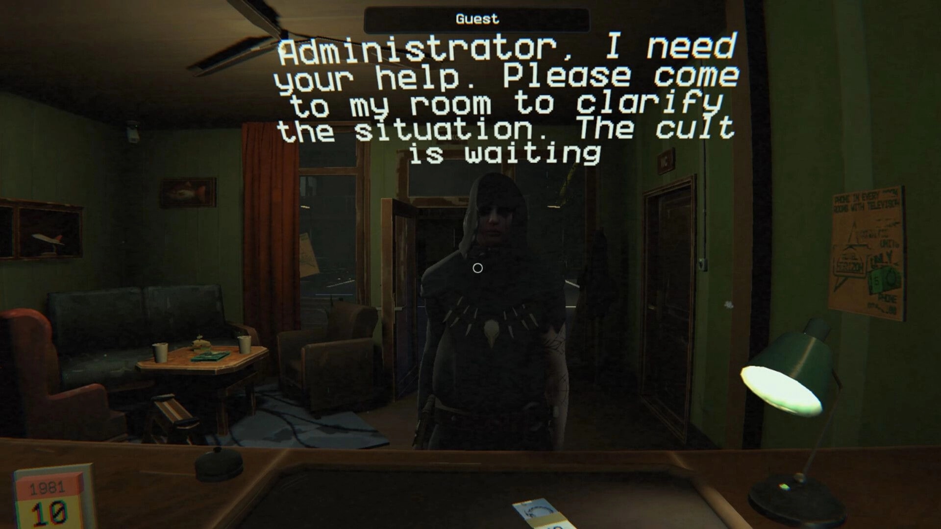 Rules: Guest dialogue text over a hooded figure at the motel reception desk in a dim lobby.